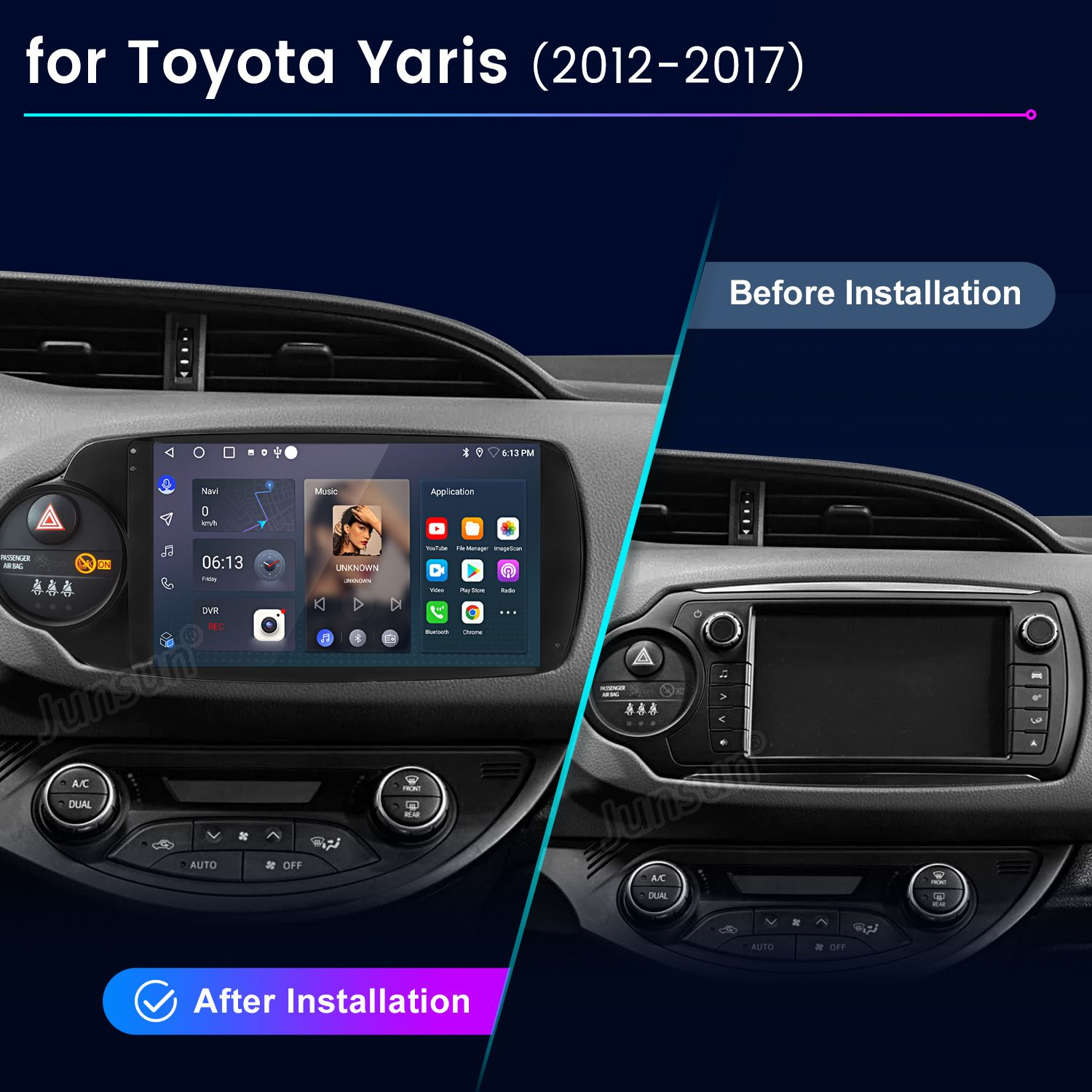 Vergleich des Armaturenbretts eines Toyota Yaris vor und nach der Installation eines neuen Infotainmentsystems.