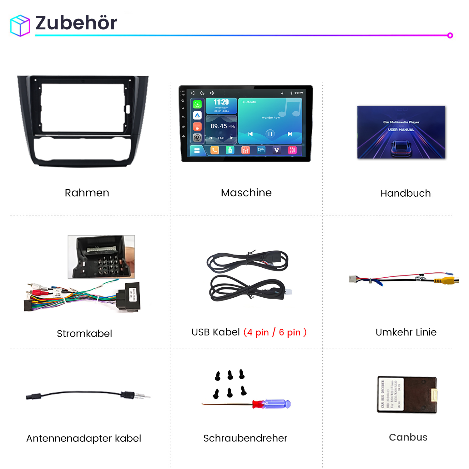 Raster mit Autoradio-Zubehör wie Rahmen, Bildschirm, Handbuch, Kabeln, Schraubendreher und Canbus.
