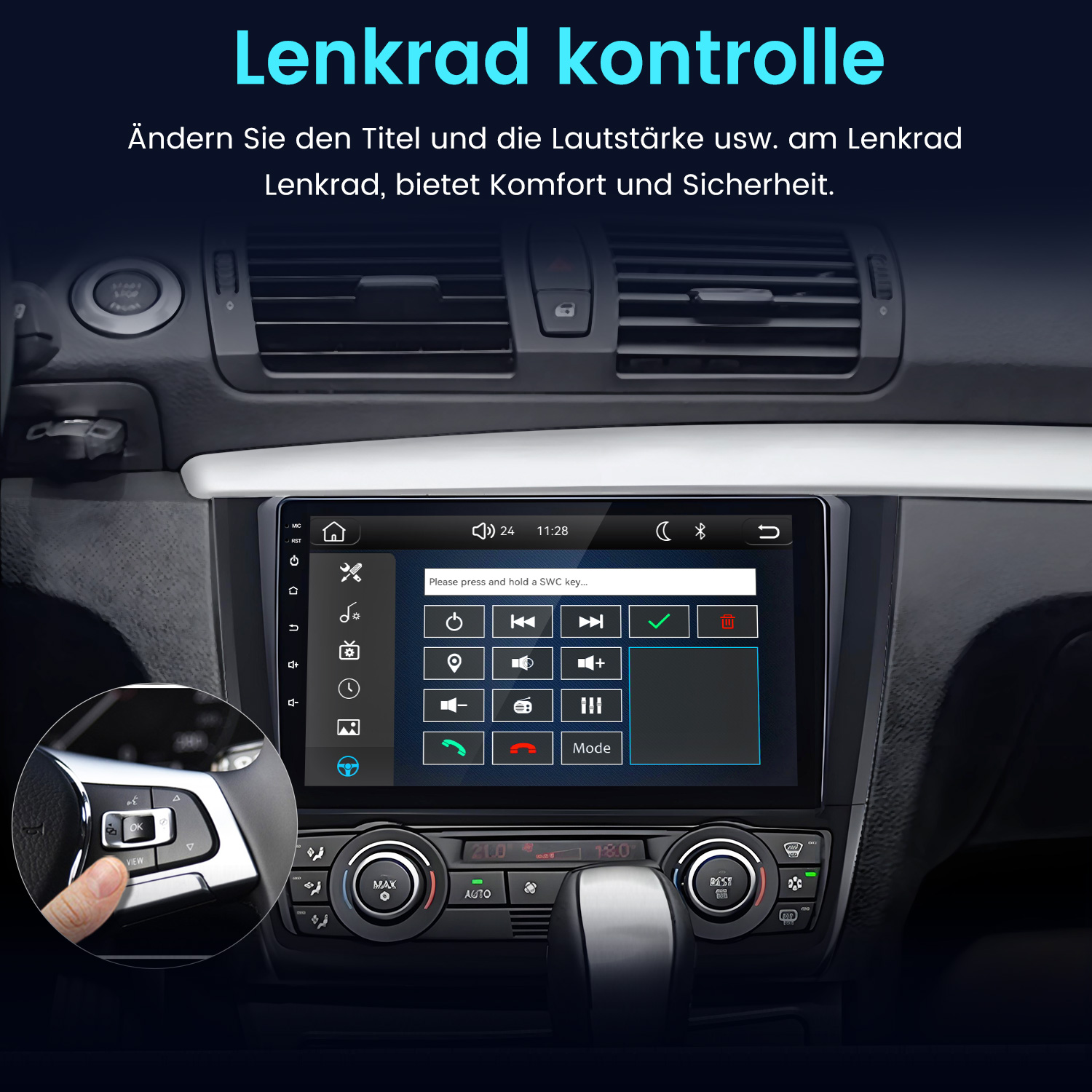 Autoinnenraum mit Touchscreen-Infotainmentsystem, Lüftungsschlitzen und Lenkradsteuerung im Inset.