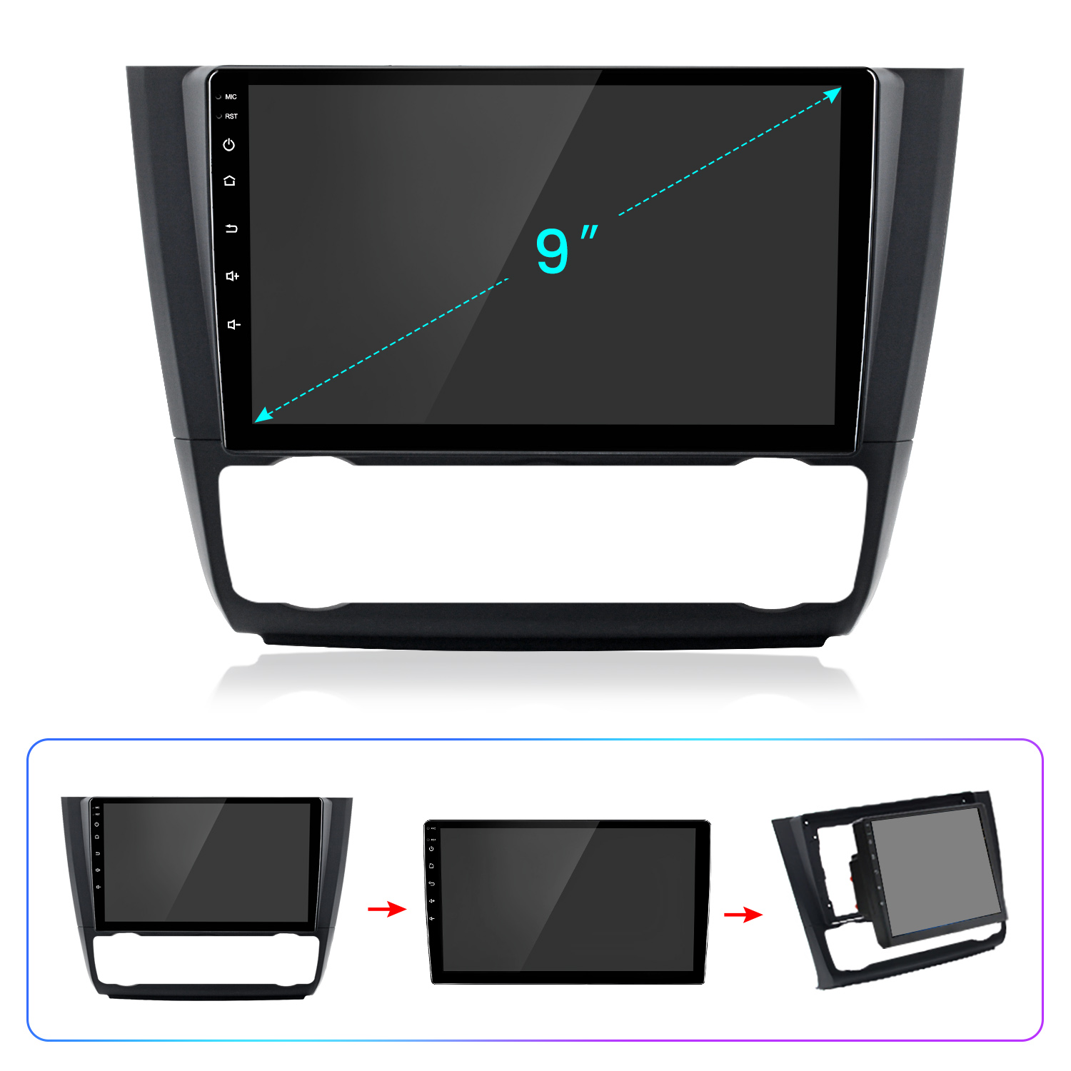 Ein 9-Zoll Auto-Multimediasystem mit schwarzem Rahmen und berührungsempfindlichem Bildschirm.