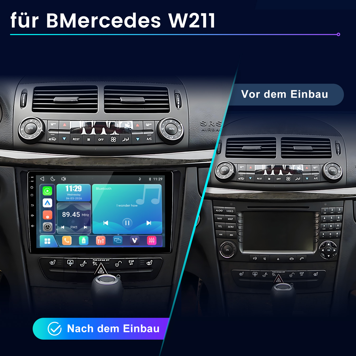 Vergleich eines Mercedes W211 Armaturenbretts vor und nach dem Einbau eines neuen Navigationssystems.