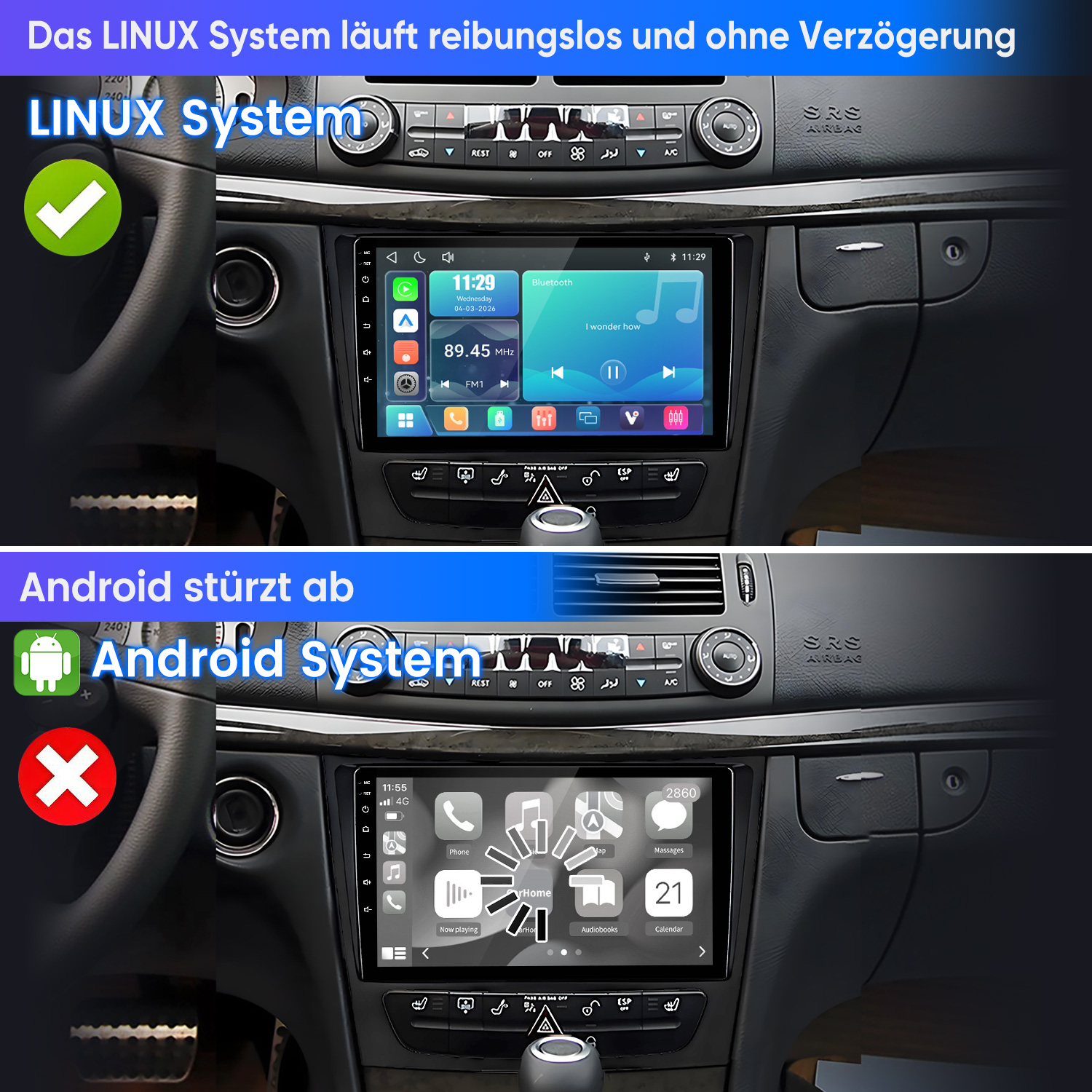 Vergleich zweier Car-Displays: Linux-System läuft flüssig mit grünem Häkchen, Android-System zeigt Fehler mit rotem Kreuz.