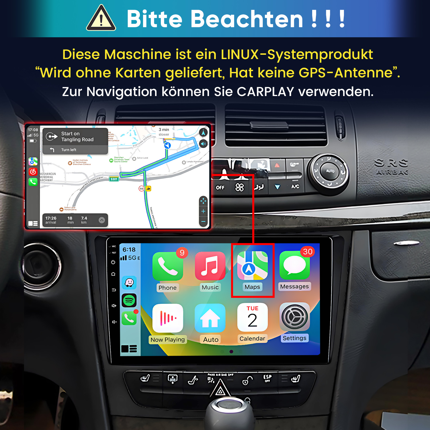 Ein Auto-Armaturenbrett mit Linux-Bildschirm, Carplay-Navigation und deutschem Warntext.