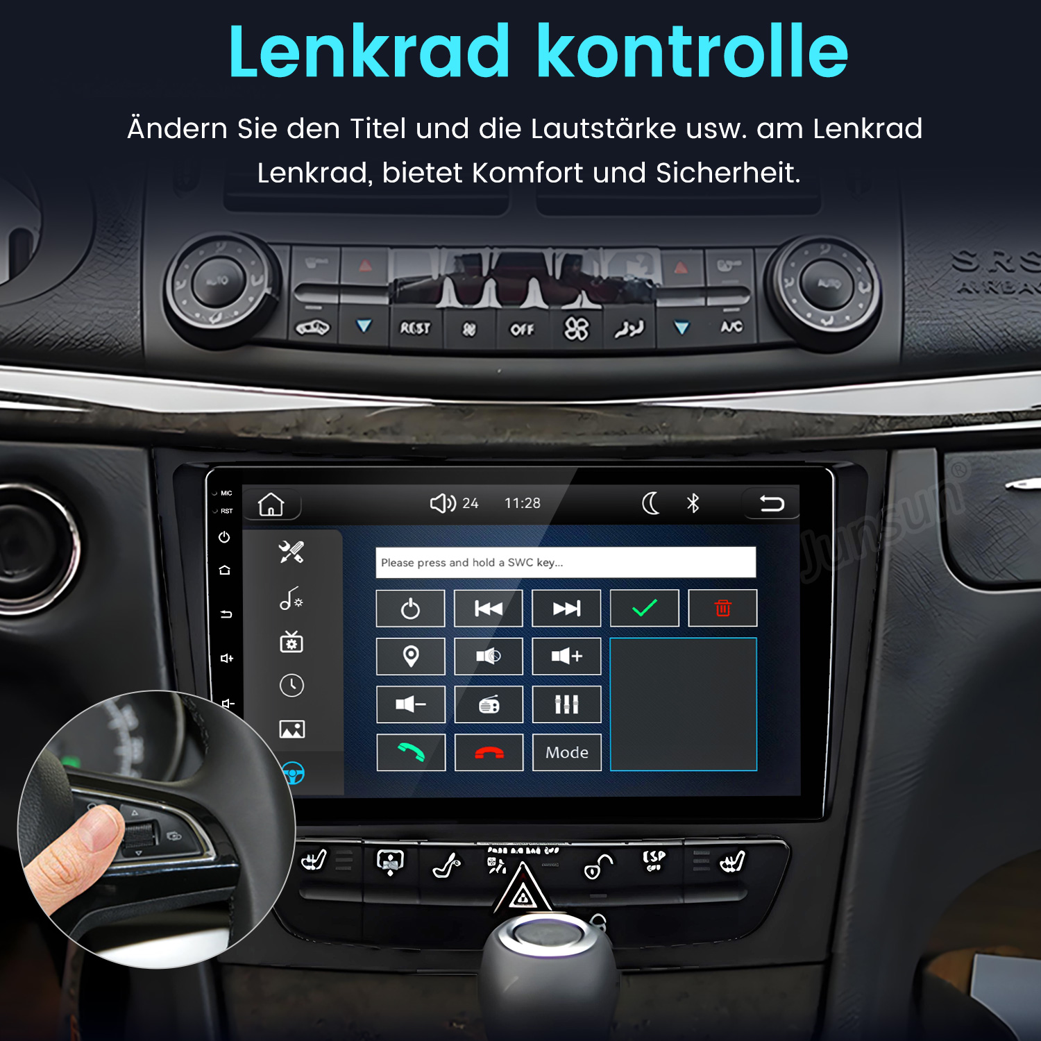 Ein Car-Audio-Bildschirm zeigt Lenkrad-Steuerungseinstellungen, mit einem Daumen, der die Lenkradtasten drückt.