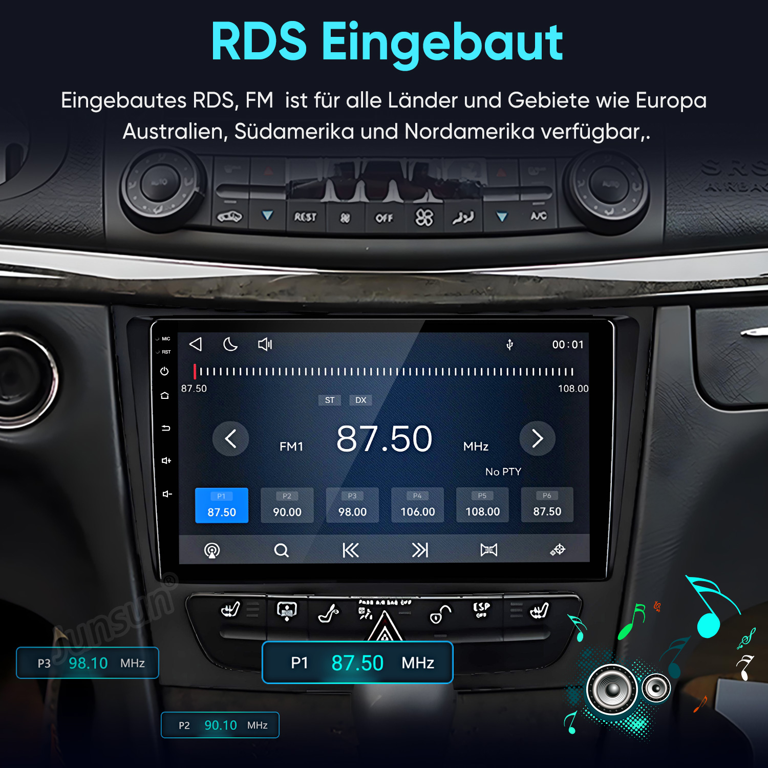 Autoradio mit Touchscreen und FM-RDS-Anzeige im Armaturenbrett.