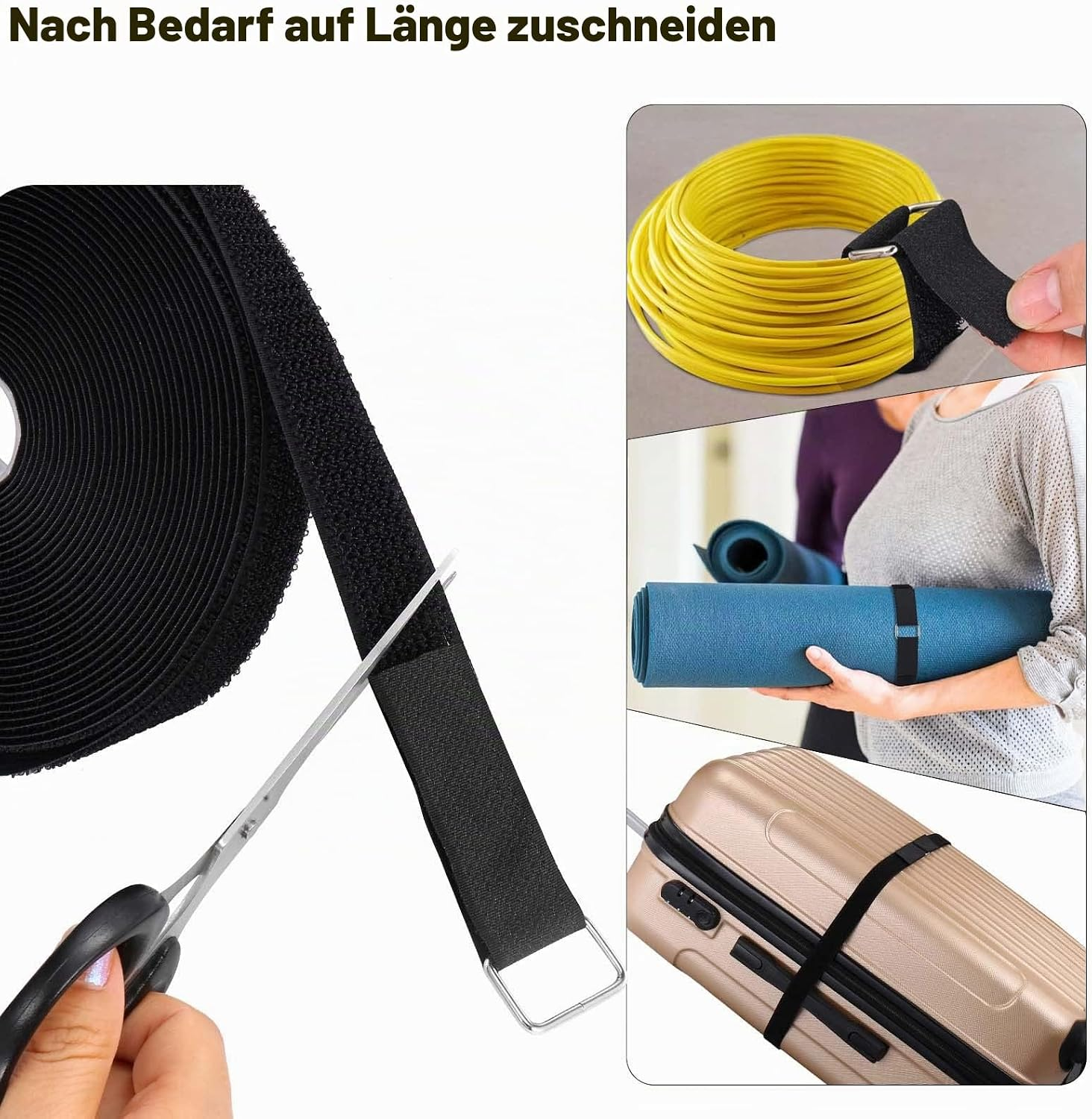 Eine schwarze Klettrolle wird mit einer Schere geschnitten, mit Einsetzbildern, die Kabel, eine Yogamatte und Gepäck sichern.