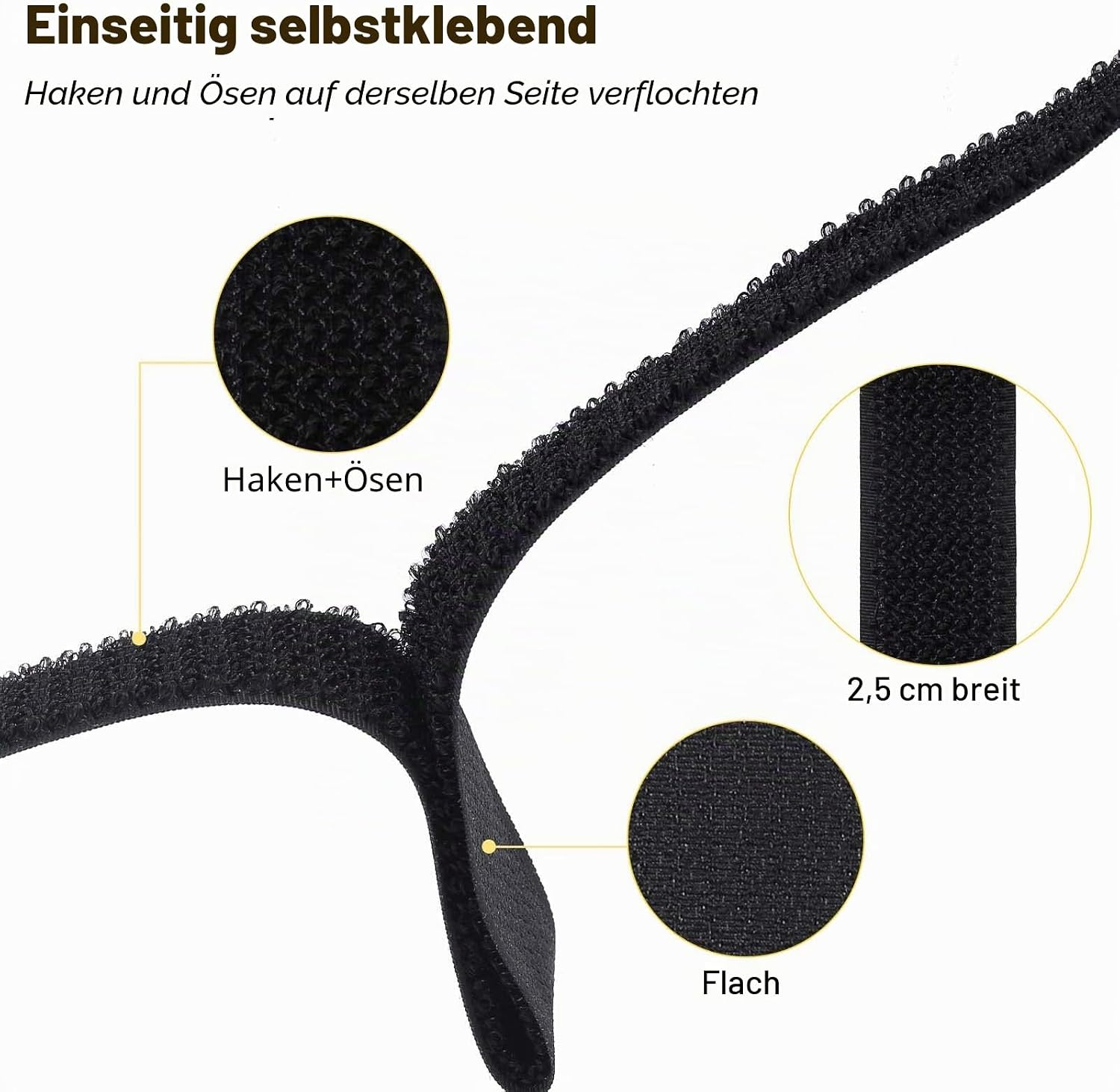 Schwarzes Klettband mit Haken und Ösen auf derselben Seite, 2,5 cm breit, selbstklebend.