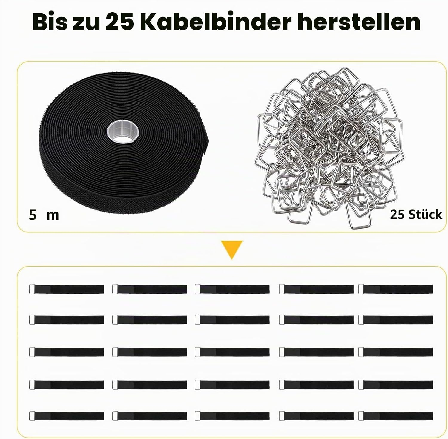 Eine Rolle schwarzes Klettband mit 25 Metallringen, um 25 Kabelbinder zu machen.