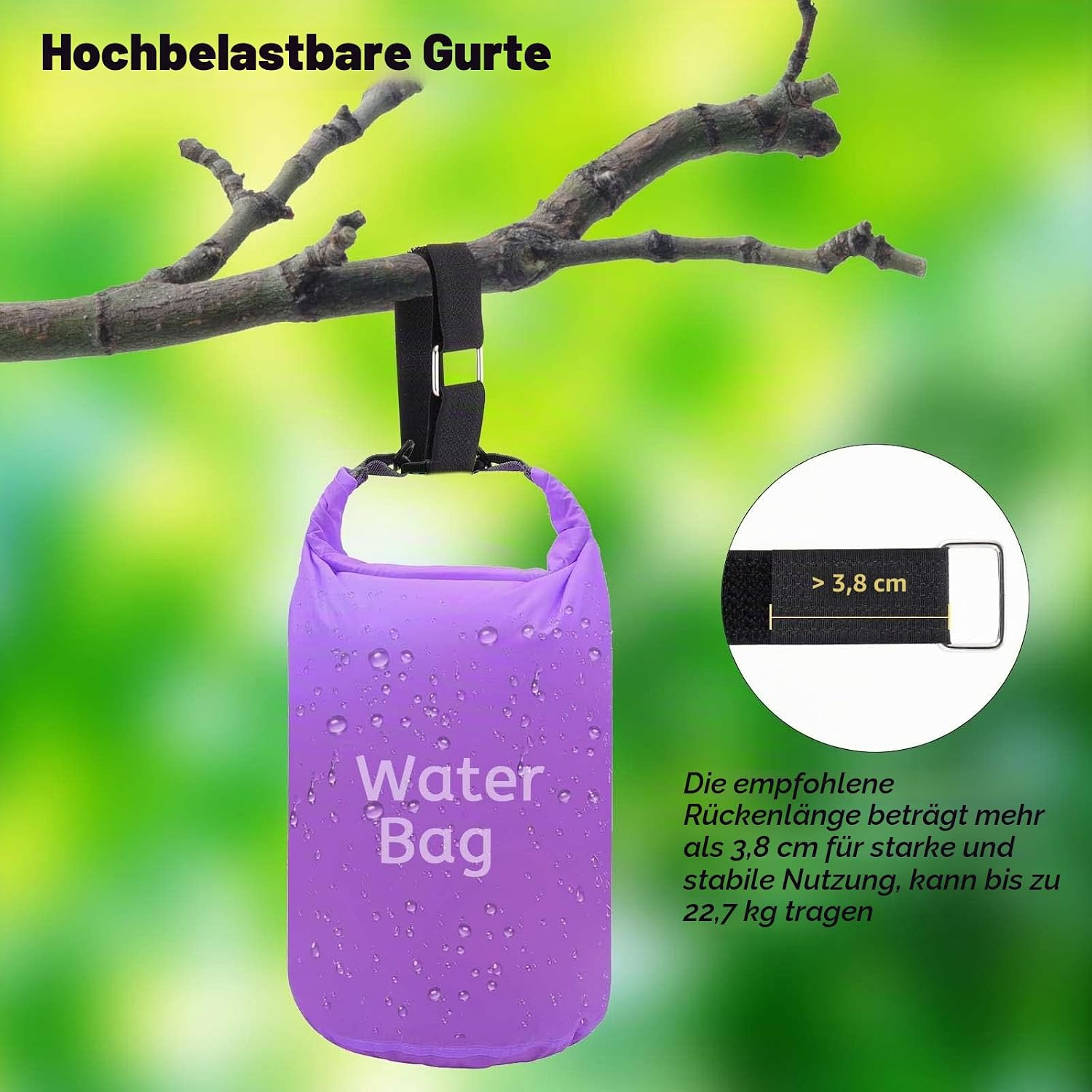 Lila, wasserfeste Tasche hängt an einem Ast; Inlay zeigt einen über 3,8 cm breiten Gurt.