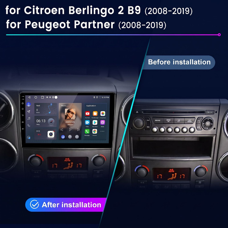 Vorher-Nachher-Vergleich des Autoradios für Citroen Berlingo und Peugeot Partner.