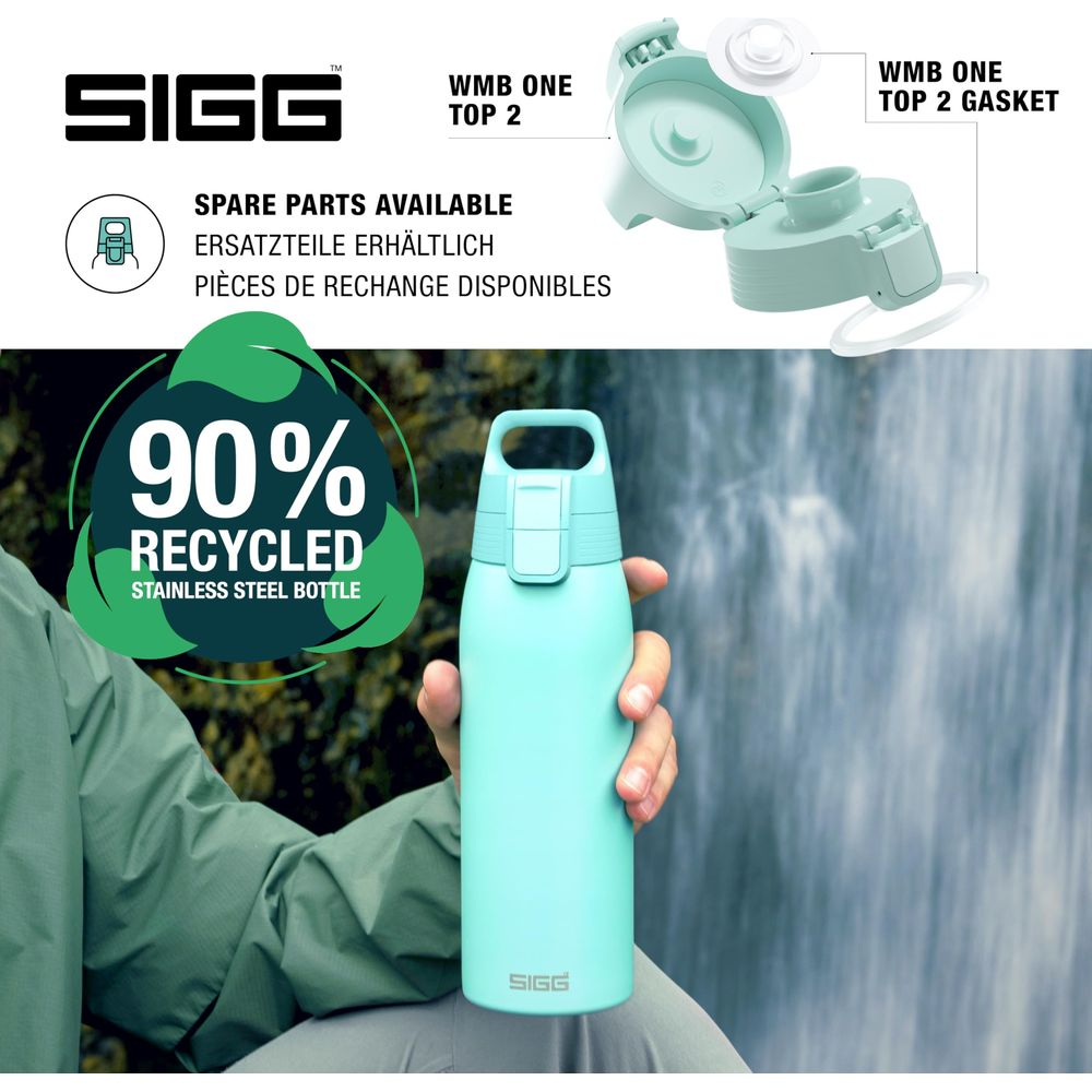 Eine Hand hält eine mintgrüne Sigg-Trinkflasche vor einem Wasserfall. Oben ist der Flaschendeckel abgebildet.