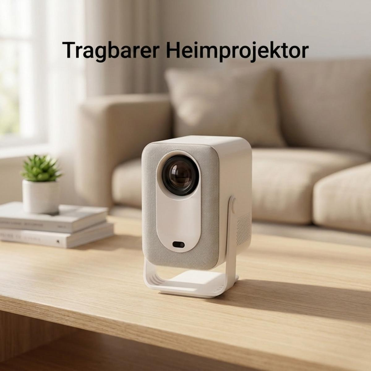 Ein weißer, tragbarer Heimprojektor auf einem Holztisch im Wohnzimmer, mit Büchern und einer Pflanze im Hintergrund.