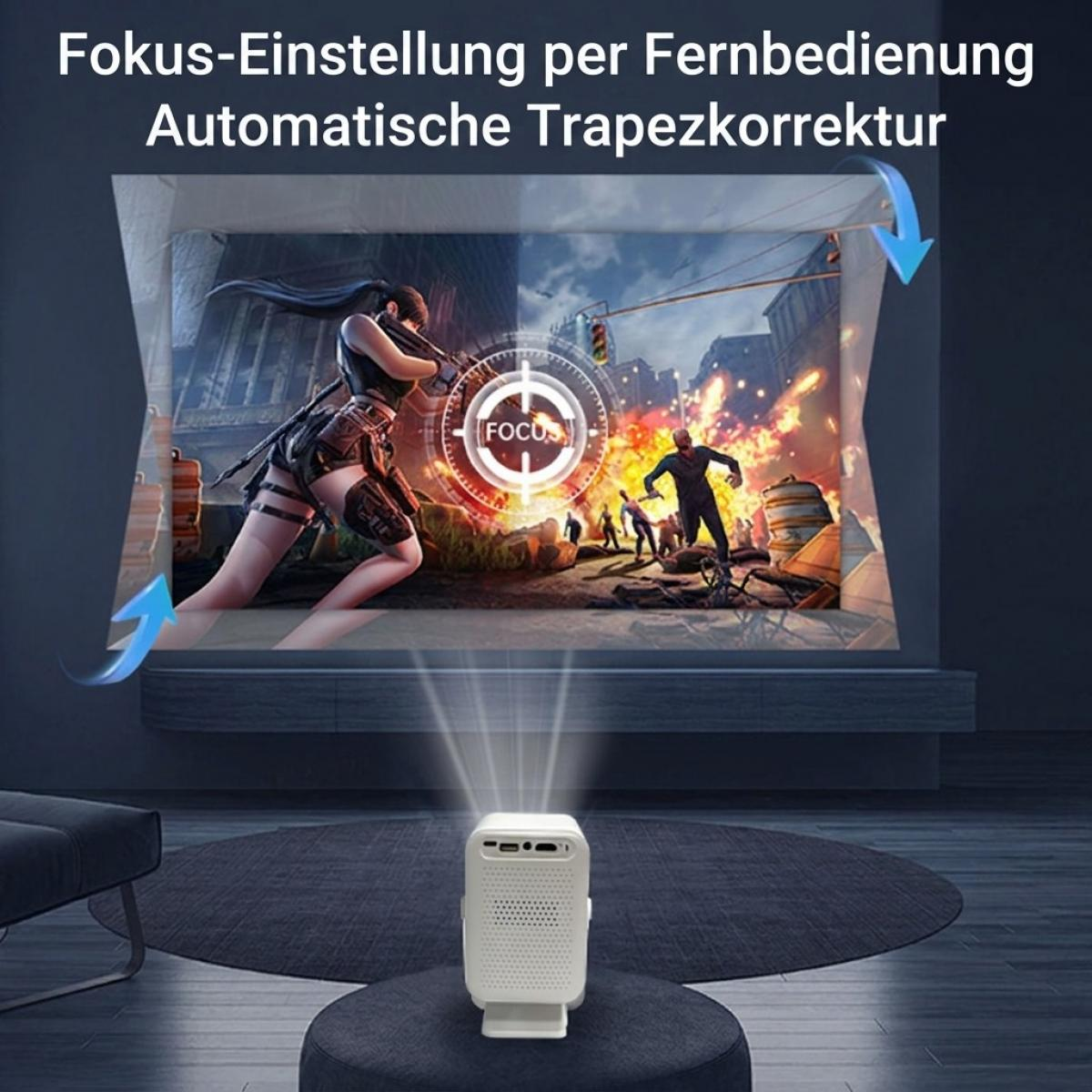 Ein weißer Beamer projiziert eine Szene mit Fokus- und Trapezkorrektur-Text.