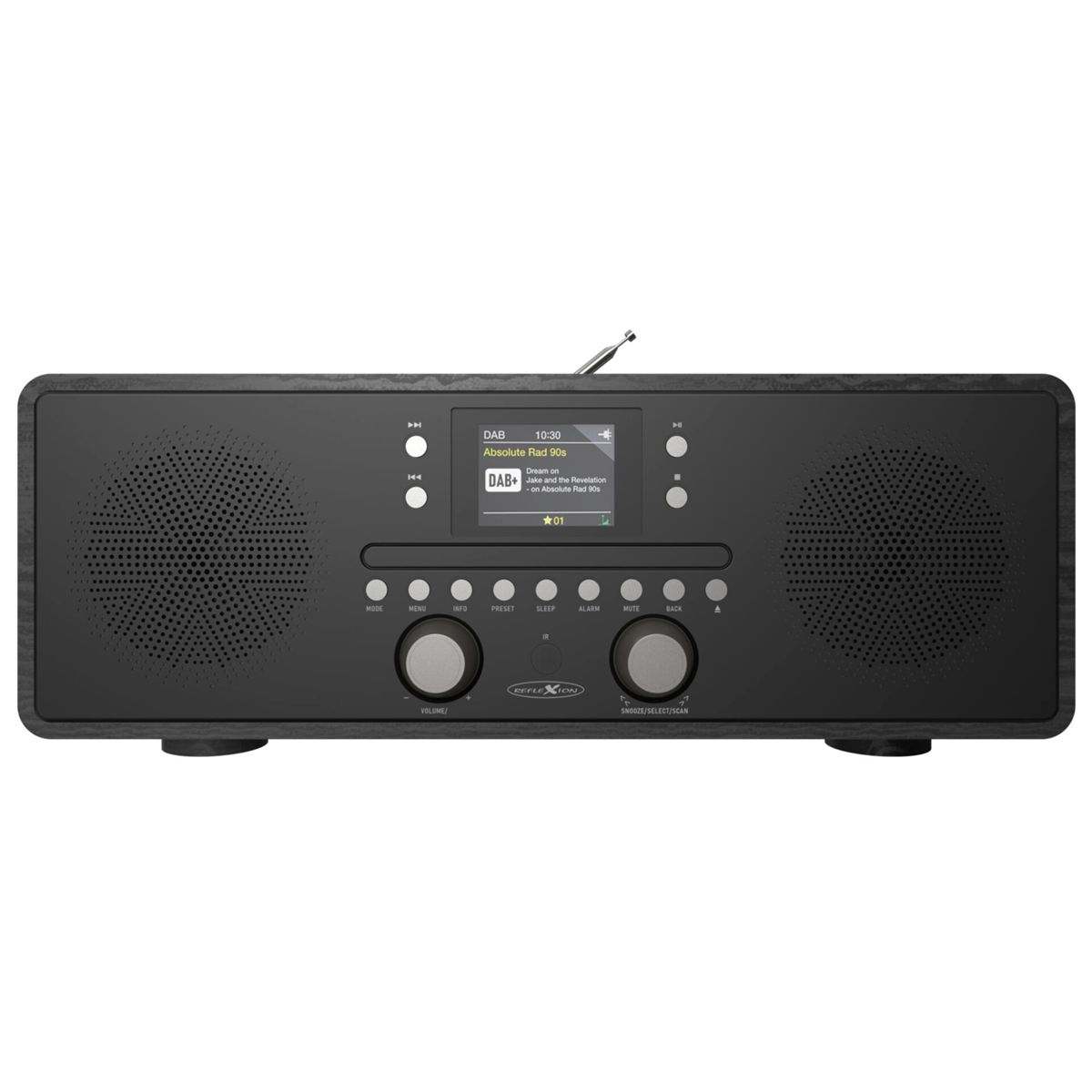 Schwarzes Digitalradio mit Holzmuster, zentralem Display, zwei Lautsprechern und vielen Knöpfen.