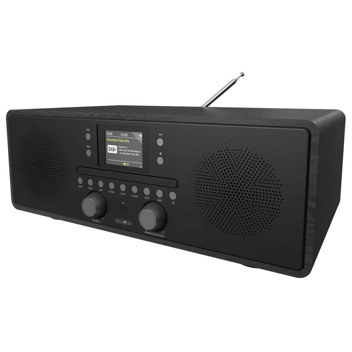 Ein schwarzes Digitalradio mit zentralem Display, zwei Lautsprechern, Bedientasten, zwei Reglern und einer Metallantenne.