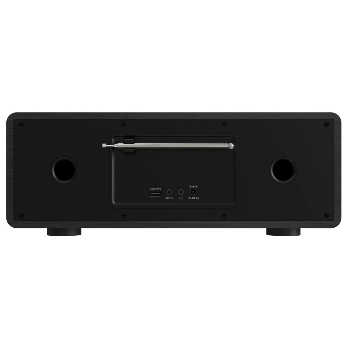 Rückansicht eines schwarzen Lautsprechers mit Antenne, USB-, Aux-, Kopfhörer- und Stromanschlüssen.