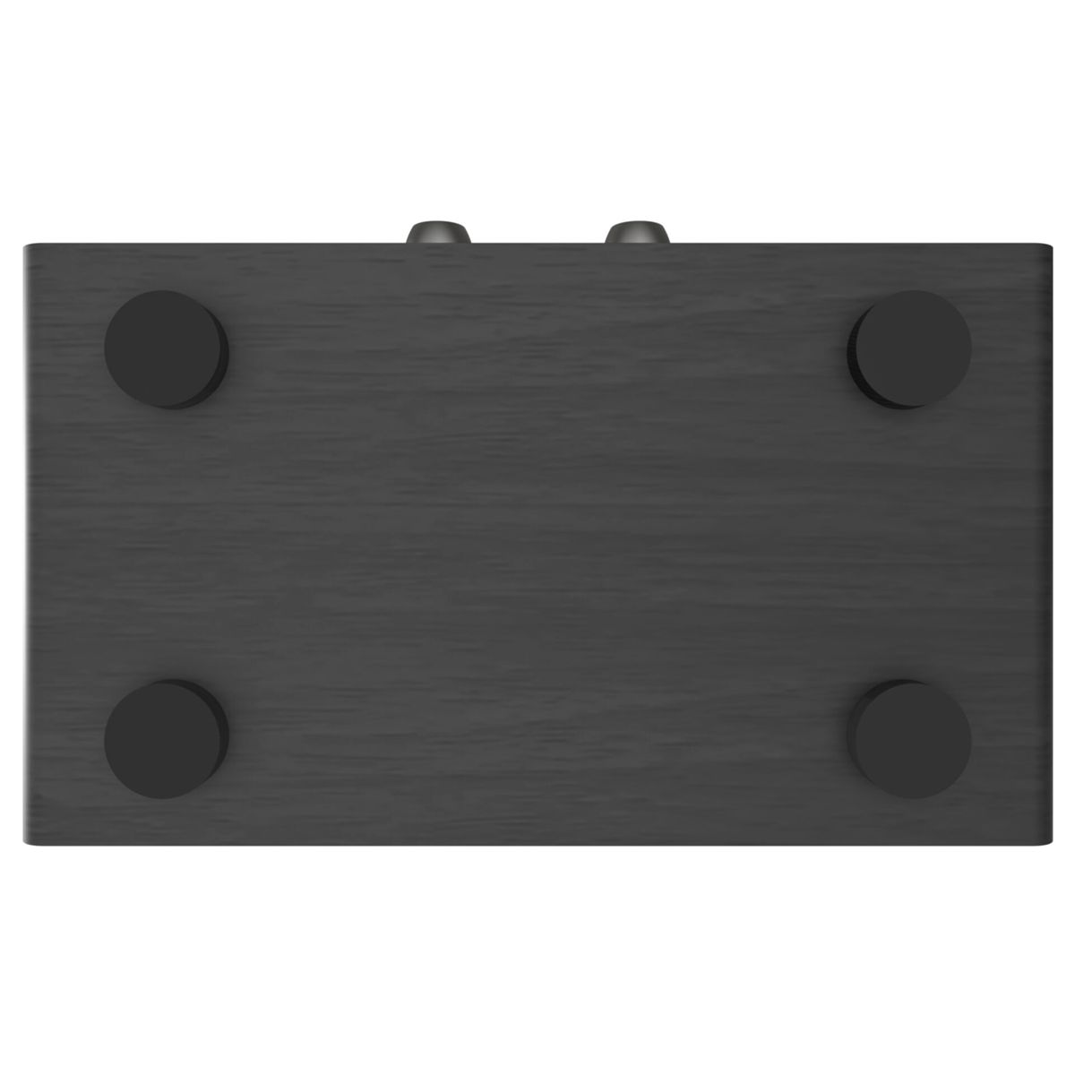 Unterseite eines dunklen Holzgeräts mit vier runden schwarzen Füßen und zwei kleinen Knöpfen oben.