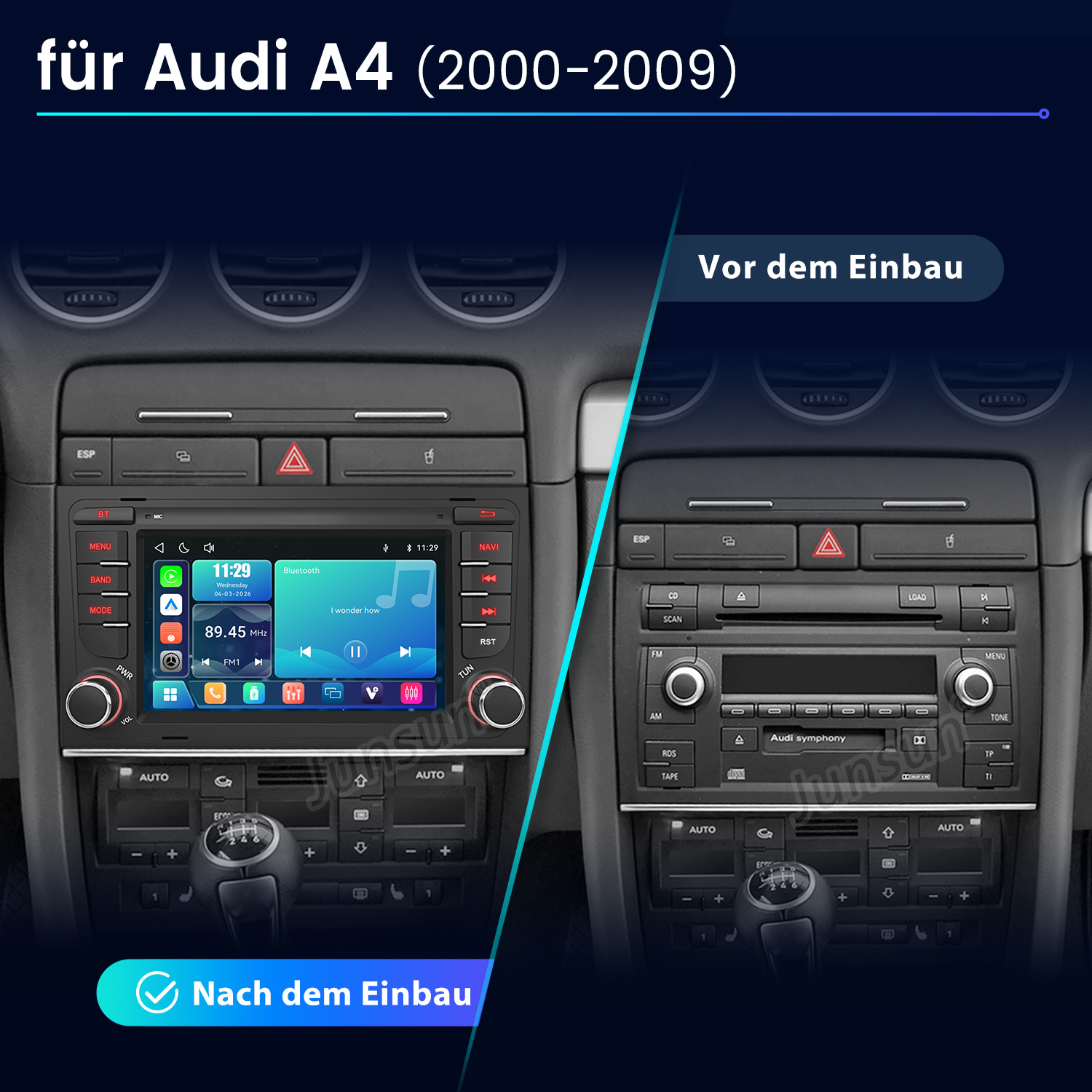 Vergleich des Audi A4 Armaturenbretts vor und nach dem Einbau eines neuen Multimedia-Touchscreens.