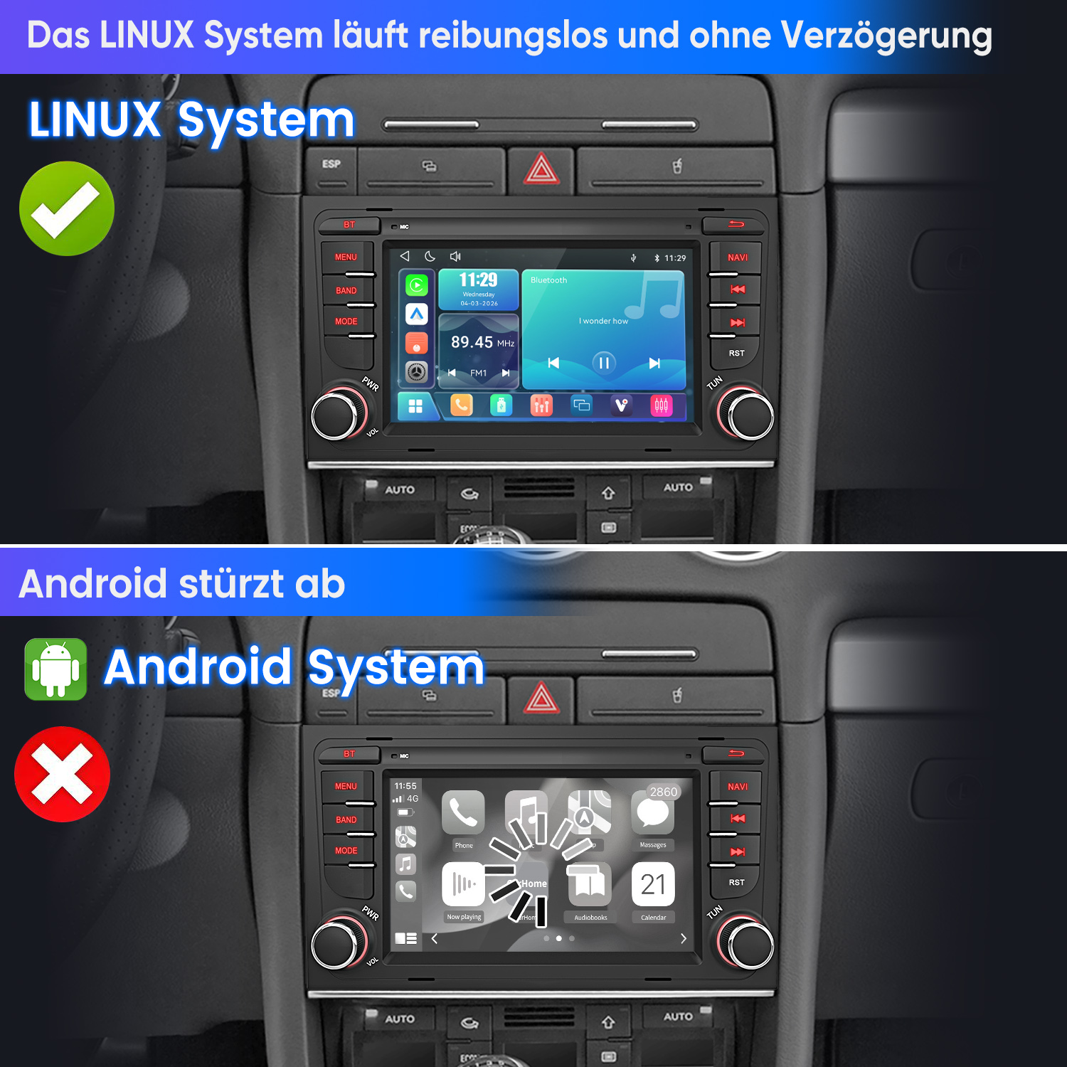 Vergleich von Linux- und Android-Autostereosystemen, wobei Linux reibungslos läuft und Android abstürzt.
