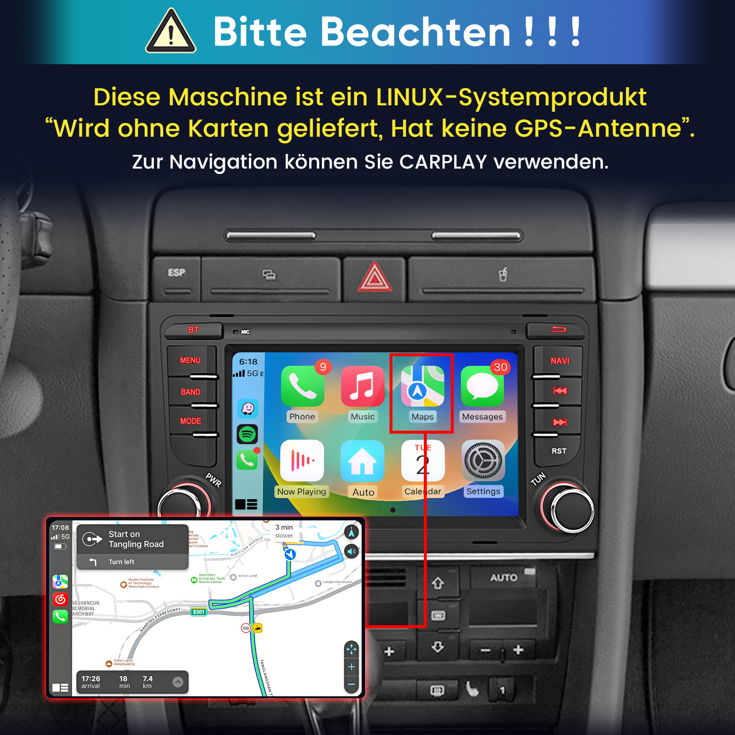 Linux-Autoradio mit CarPlay-Schnittstelle und GPS-Hinweis, integriert in ein Armaturenbrett.