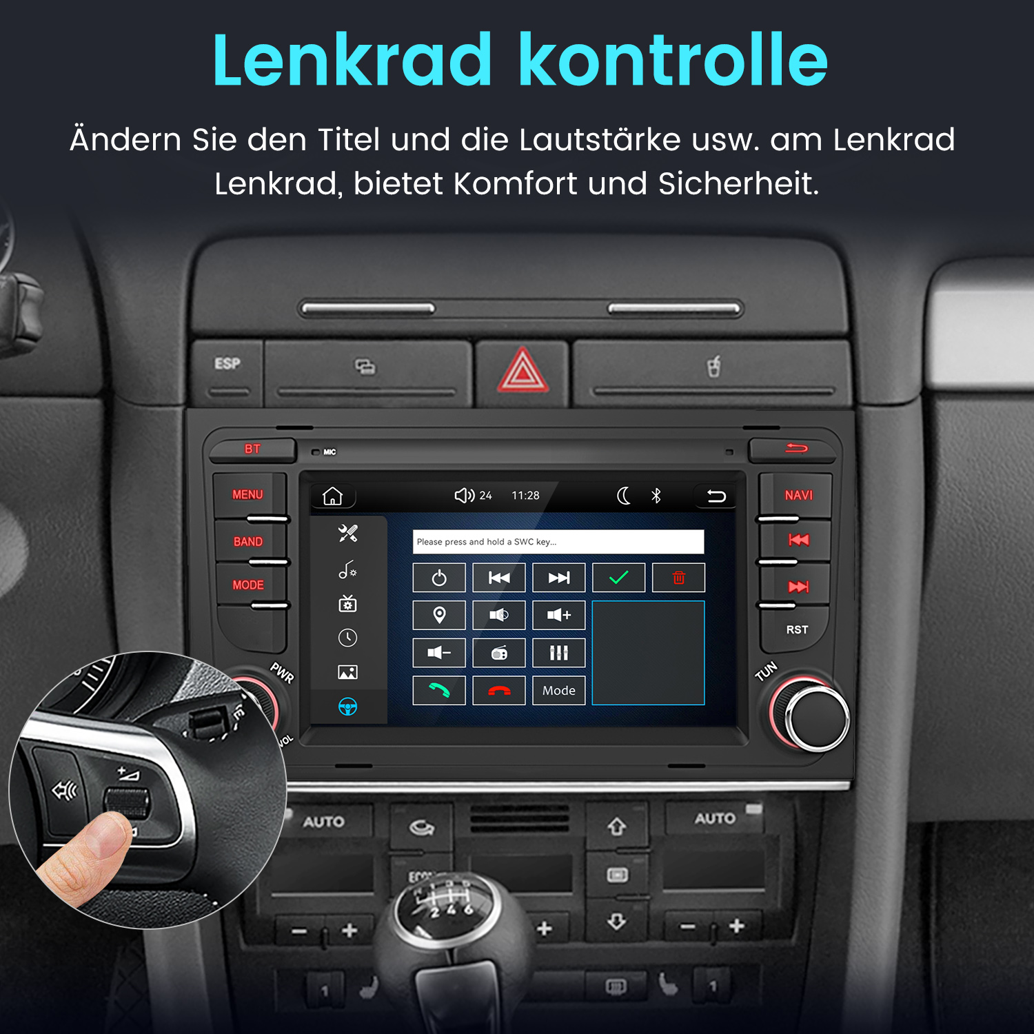 Autoradio mit Lenkradsteuerung im Armaturenbrett eines Autos.