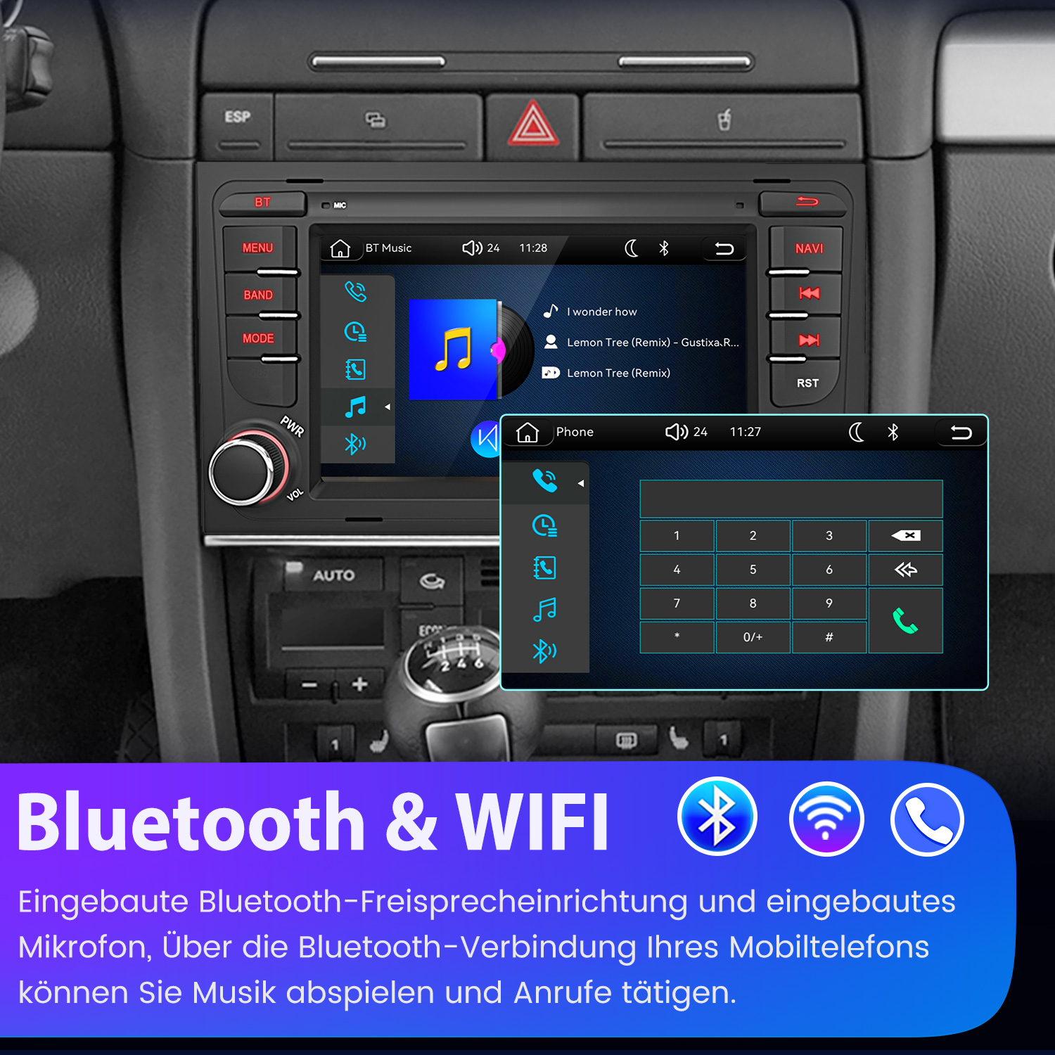 Autoradio mit Touchscreen zeigt Musikplayer und Telefon-Ziffernblock, mit Bluetooth und WLAN.