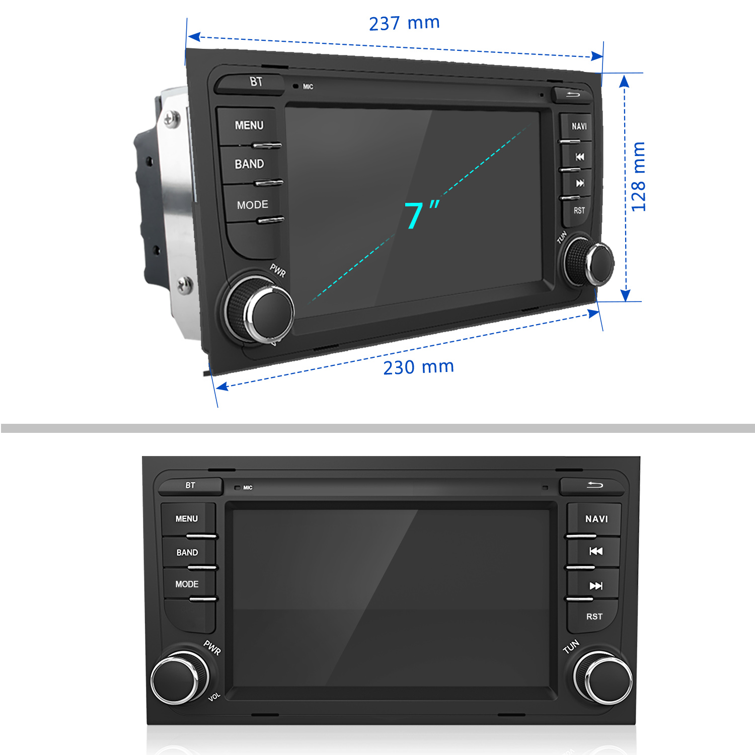 Schwarzes 7-Zoll-Autoradio mit Touchscreen, physischen Tasten und Drehknöpfen, mit Maßangaben.