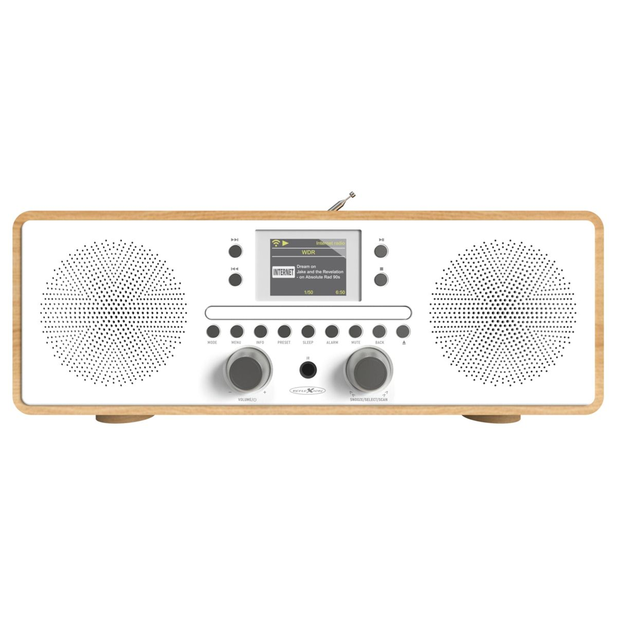 Ein weißes Digitalradio mit Holzrahmen, zwei großen Lautsprechern, zentralem Display und mehreren Tasten.