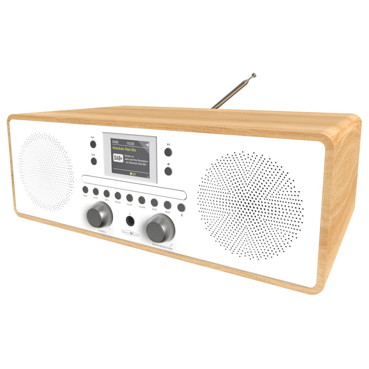 Ein Holzradio mit weißer Front, digitalem Bildschirm, zwei Lautsprechern und Bedienknöpfen vor weißem Hintergrund.