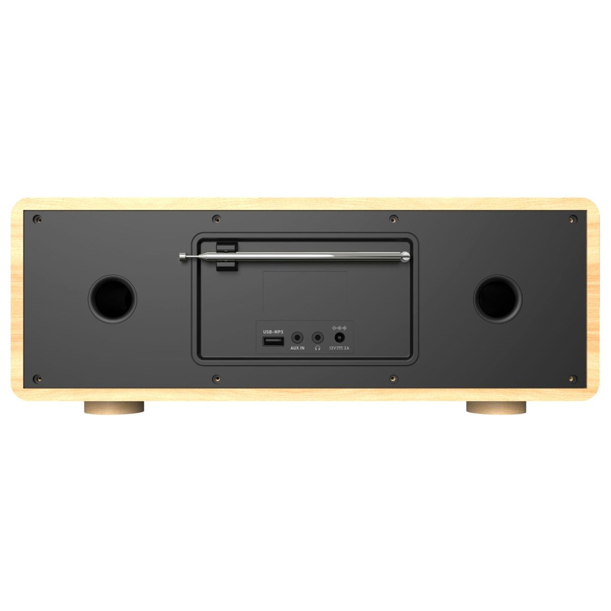 Rückseite eines holzgerahmten Audiogeräts mit Anschlüssen, Ports und Antenne auf schwarzem Panel.