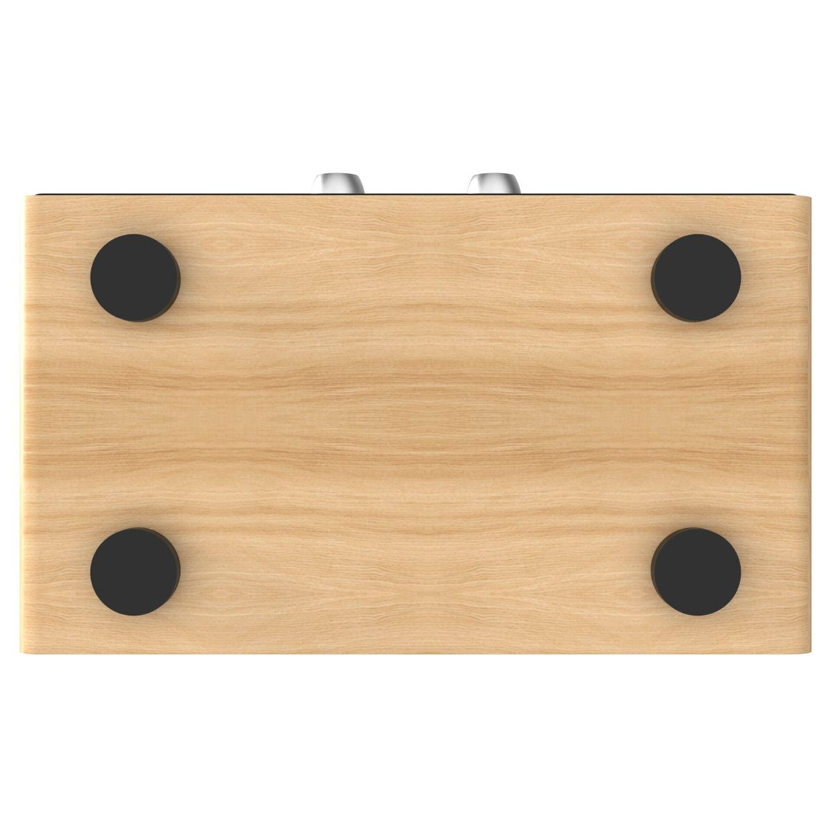 Unteransicht einer hellen Holzbox mit vier runden schwarzen Füßen und zwei silbernen Knöpfen oben.
