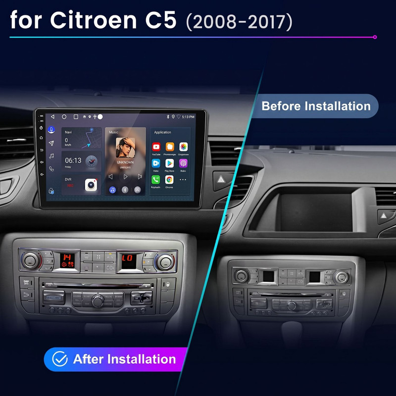 Vergleich der Citroen C5 Mittelkonsole vor und nach dem Einbau eines modernen Touchscreen-Navis.