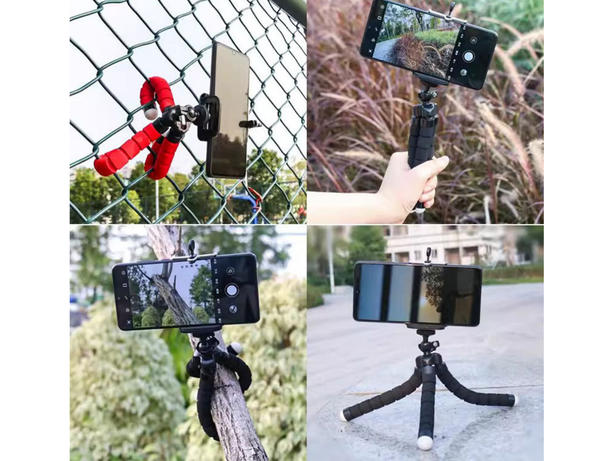 Ein flexibles schwarzes und rotes Stativ hält ein Smartphone, gewickelt um Zaun, Hand, Ast und stehend auf einer Oberfläche.
