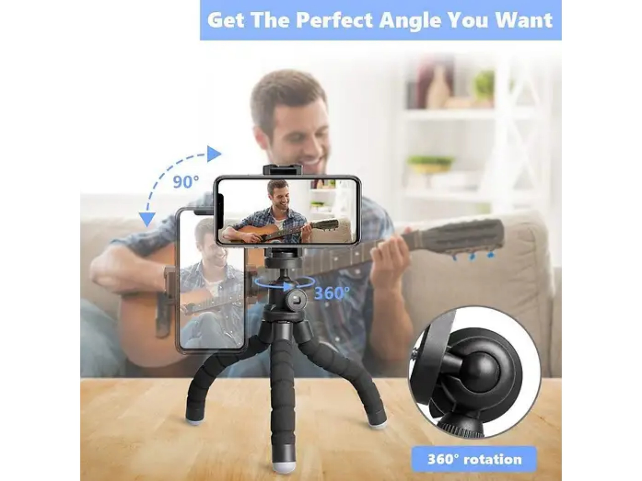 Ein schwarzes flexibles Stativ hält ein Smartphone mit einem Gitarre spielenden Mann, mit 360-Grad-Drehung.