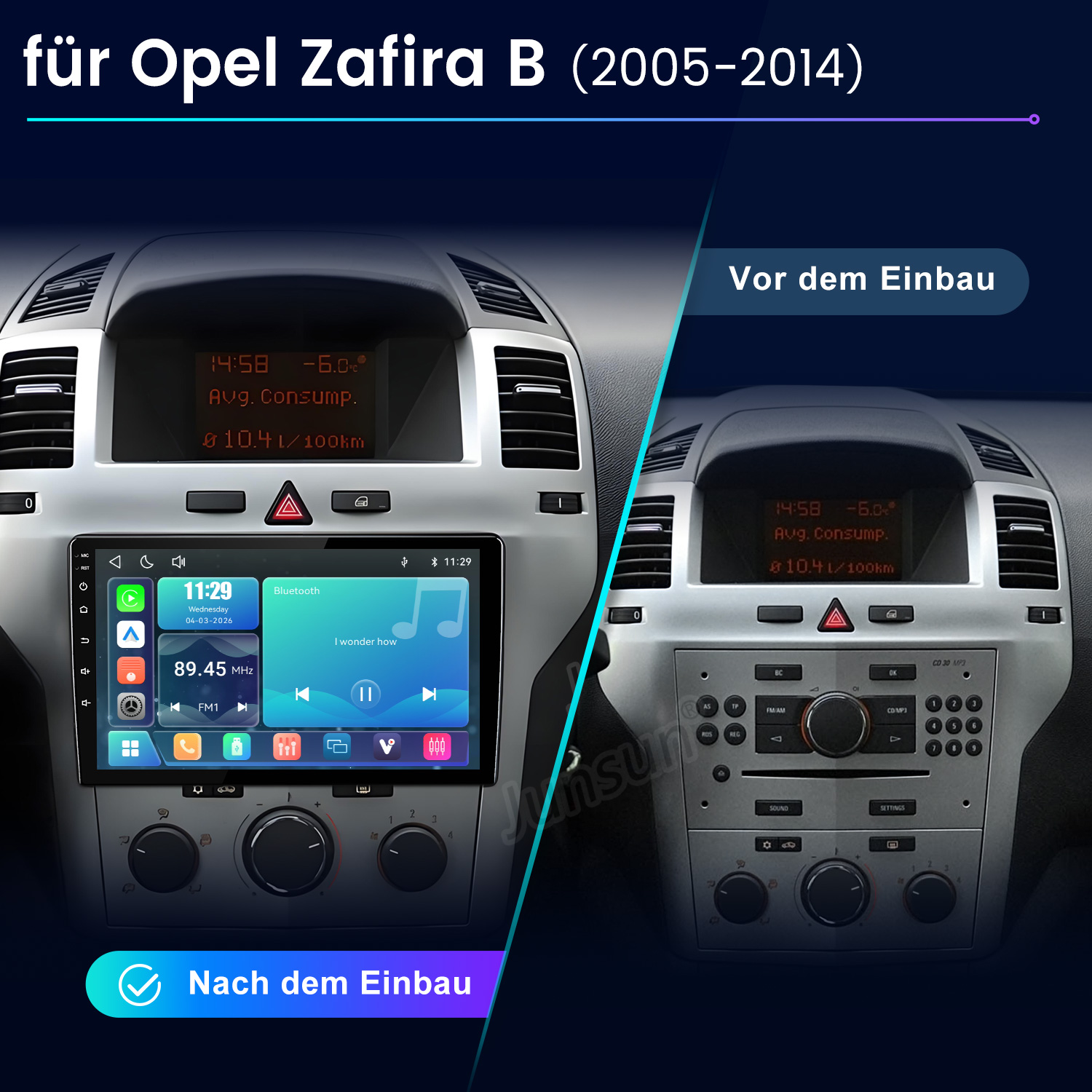 Vergleich Opel Zafira B Armaturenbrett vor und nach dem Einbau eines neuen Infotainmentsystems.