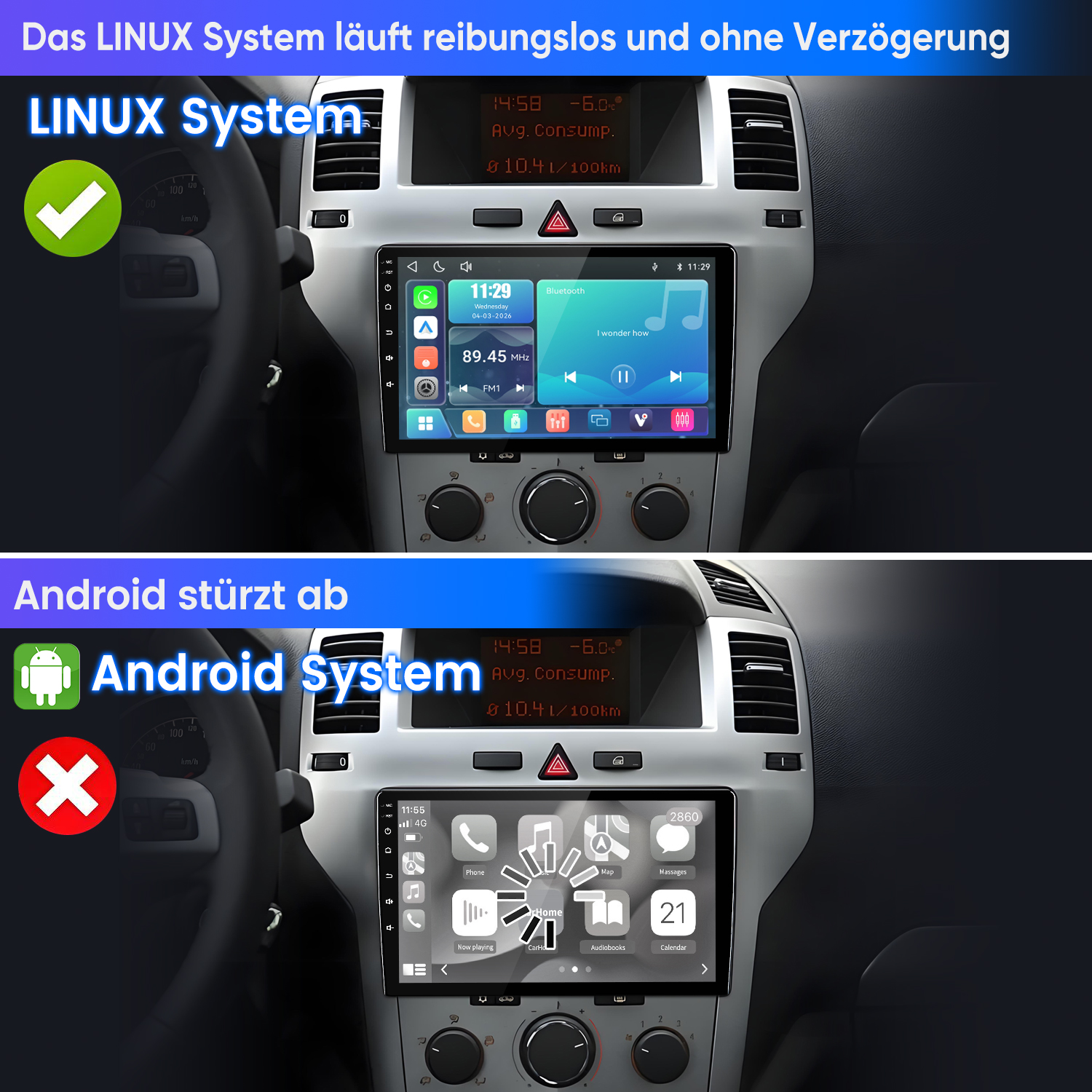 Vergleich zweier Autosysteme: Linux läuft reibungslos, während Android abstürzt.