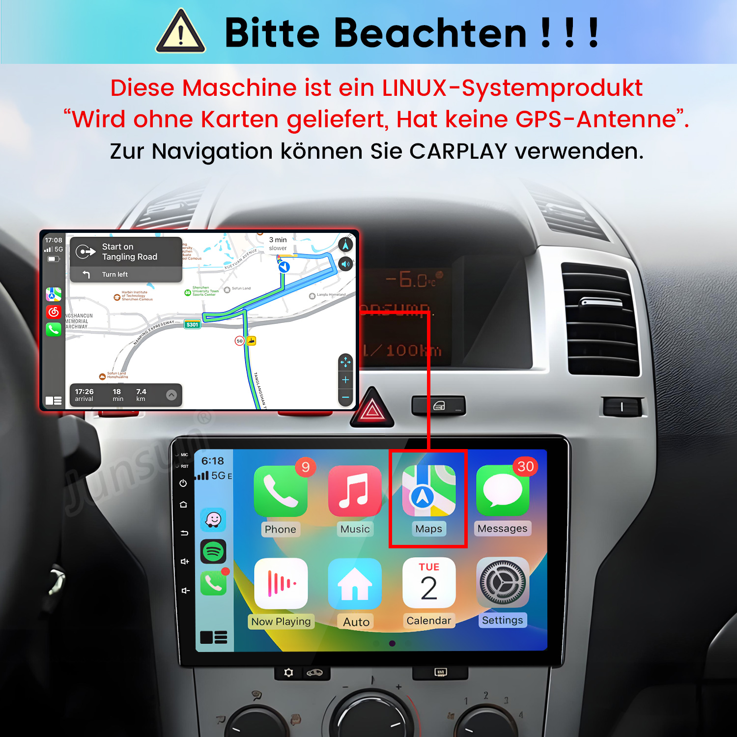 Ein Autoinnenraum mit digitalem Infotainment-Bildschirm, Navigationskarte, Textwarnung und App-Symbolen.