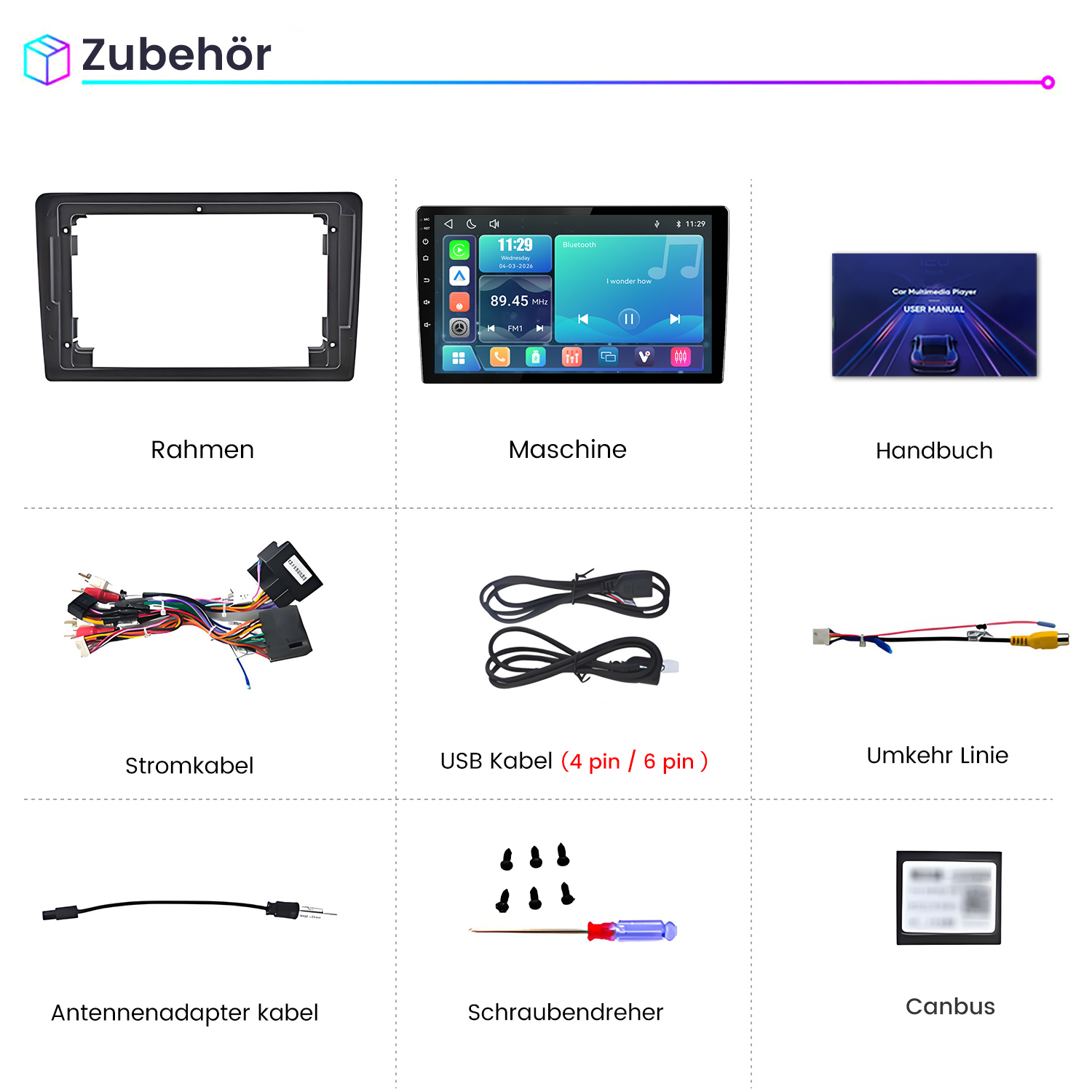 Raster mit Zubehör für ein Autoradio, darunter Rahmen, Display, Handbuch, Kabel, Schraubendreher und Canbus.