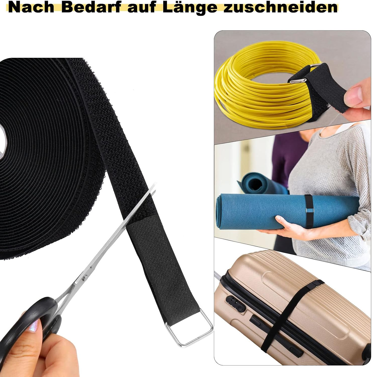 Schwarzes Klettband wird mit einer Schere zugeschnitten. Weitere Bilder zeigen Verwendungen für Kabel, Yoga-Matten und Koffer.