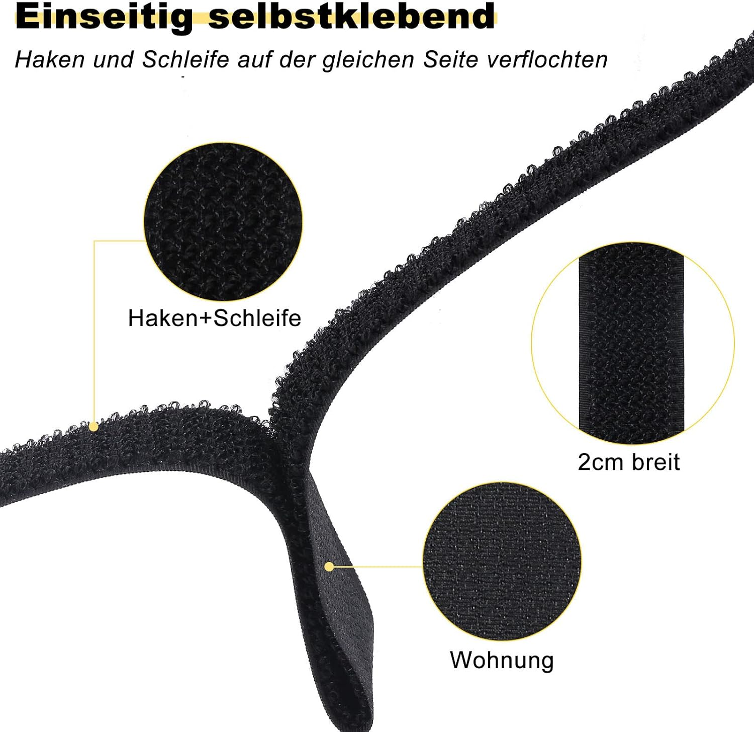Einseitig selbstklebendes schwarzes Klettband mit Detailaufnahmen von Haken und Schleife sowie der 2 cm Breite.