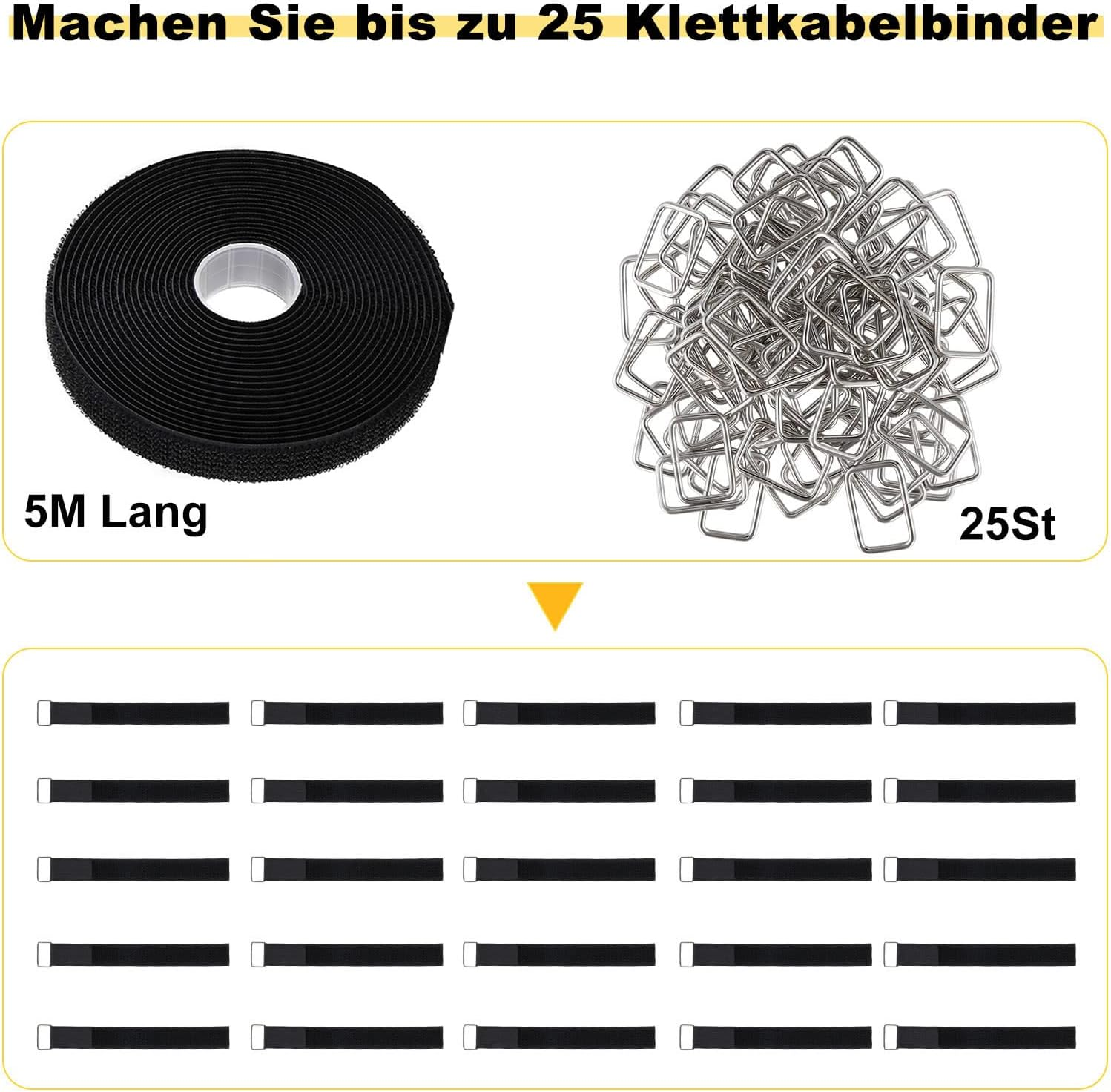 Eine Rolle schwarzes Klettband und 25 Metallringe zur Herstellung von Kabelbindern.