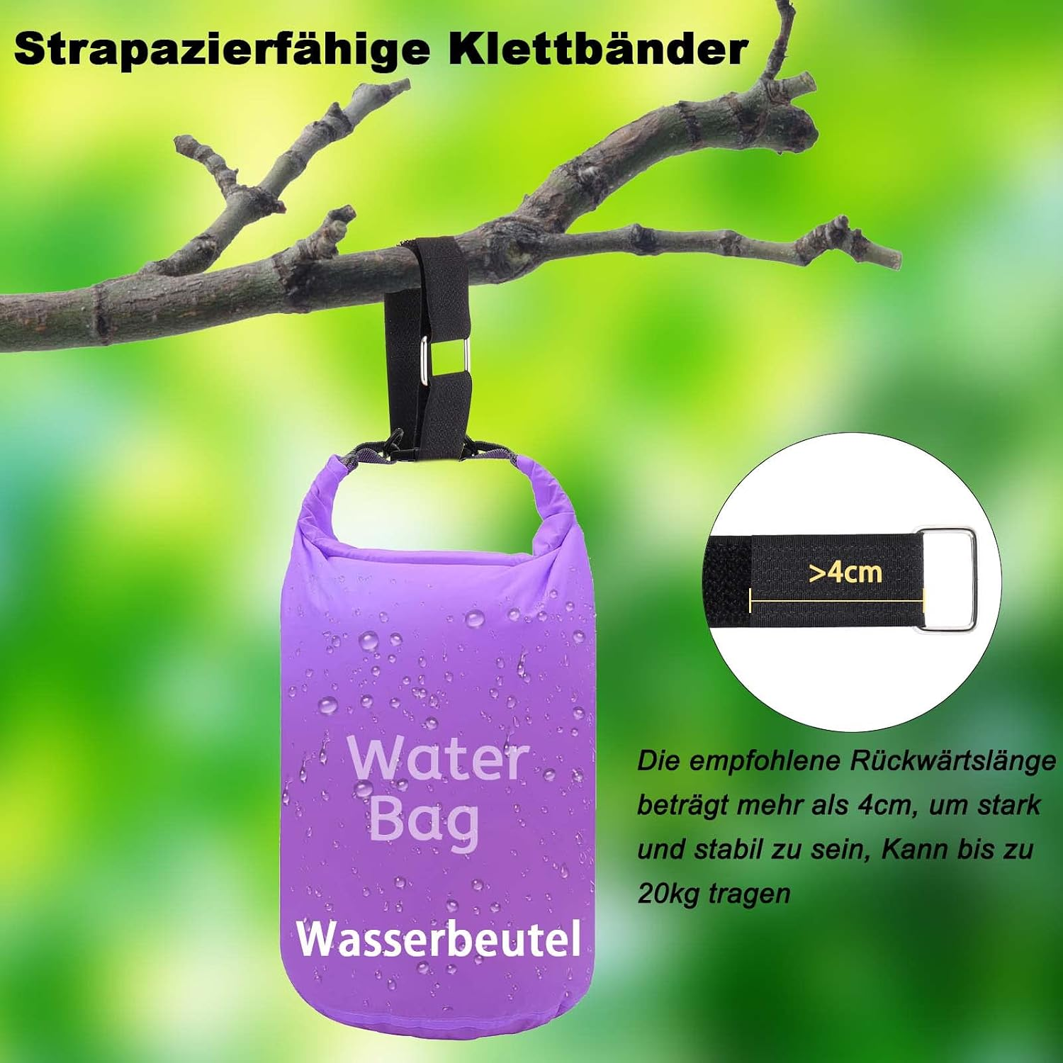 Ein lila Wasserbeutel hängt an einem Ast, mit Text auf Deutsch und einem Kreisdetail, das den Gurt zeigt.