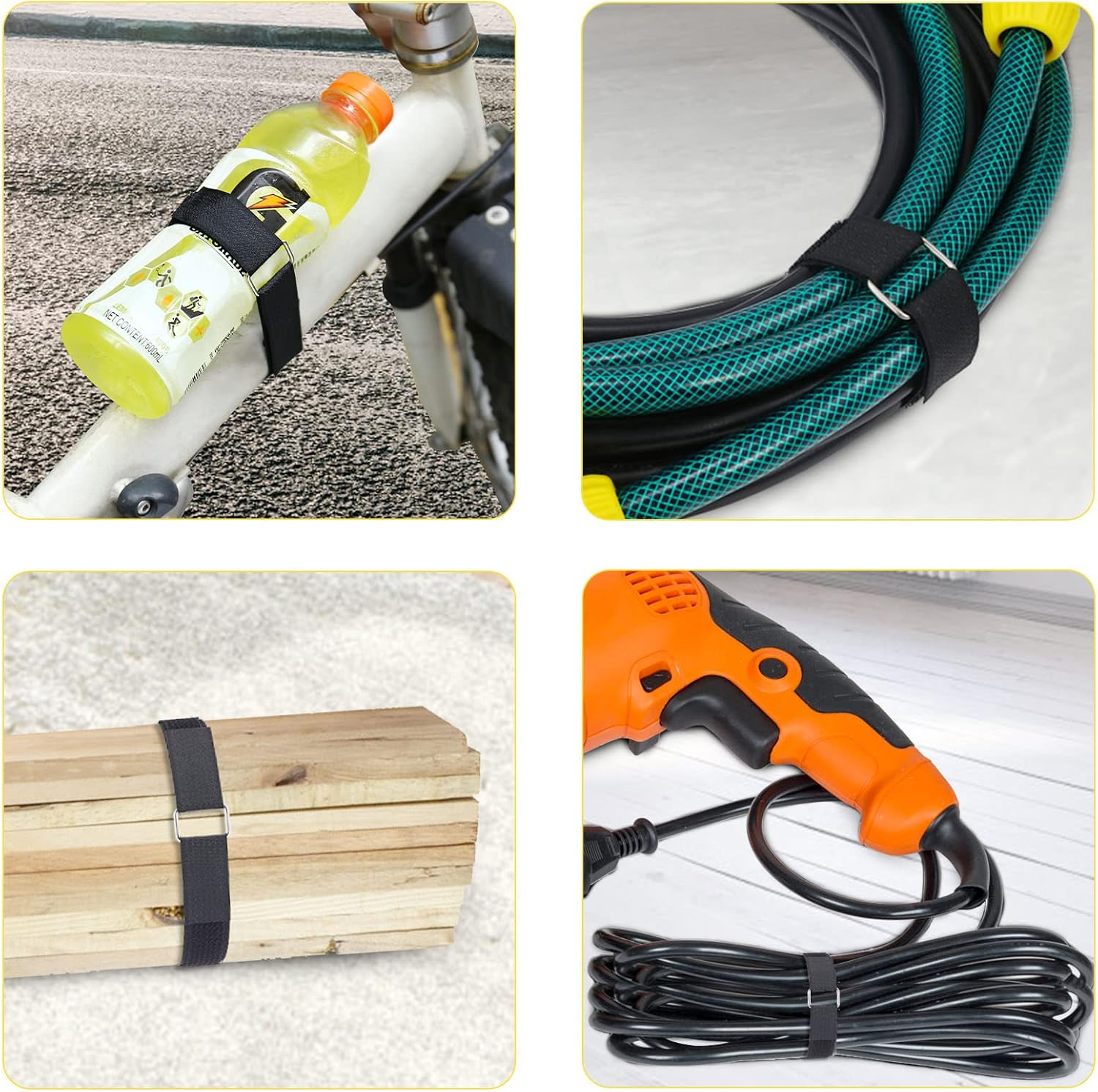 Vier Bilder zeigen schwarze Klettbänder im Einsatz an einem Fahrrad, einem Gartenschlauch, Holz und einem Elektrokabel.