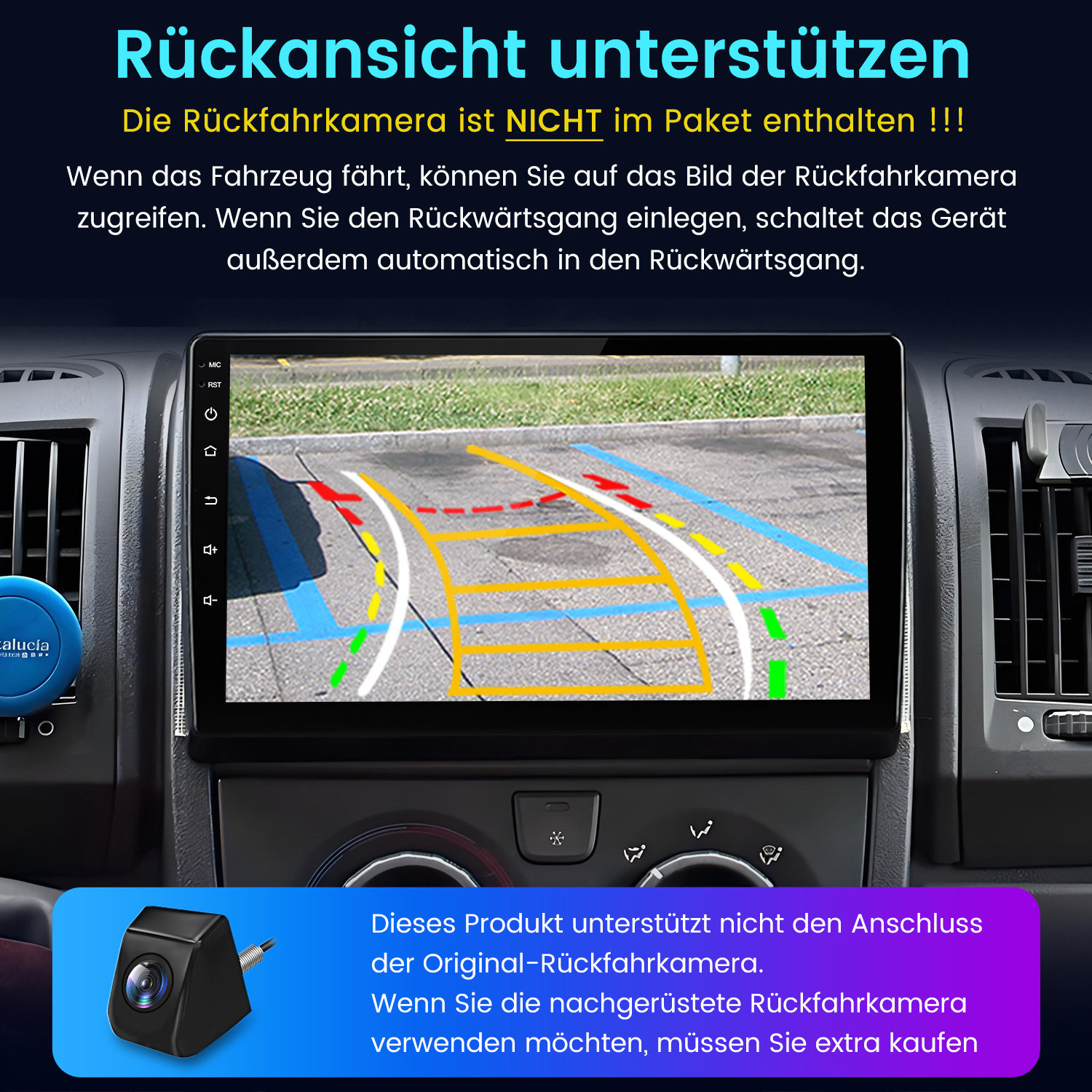 Ein Autoradio Display zeigt eine Rückfahrkameraansicht mit gelben und roten Parklinien auf einem asphaltierten Parkplatz.