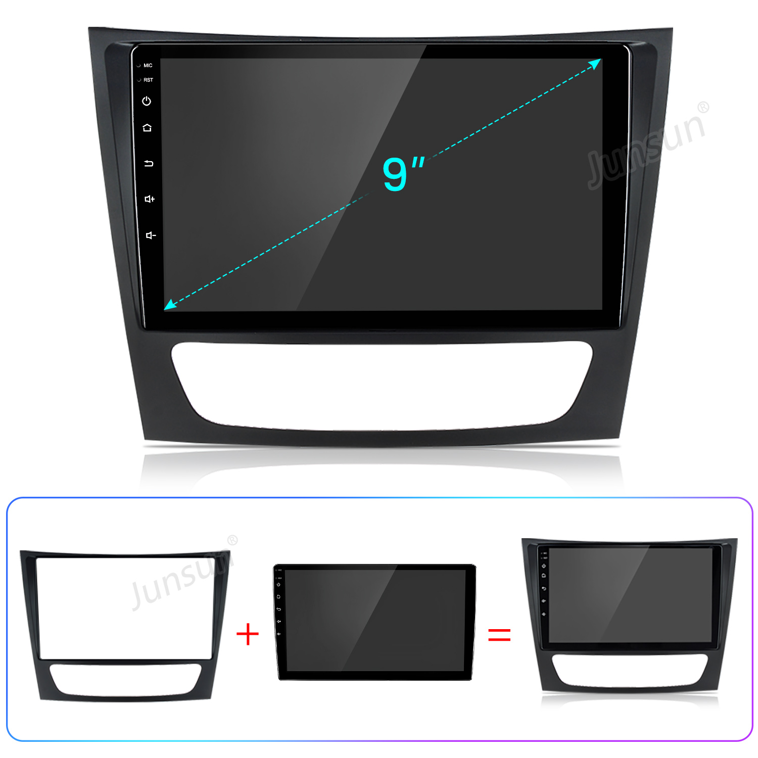 Ein 9-Zoll-Auto-Multimediasystem mit Bildschirm und Montagerahmen, dargestellt mit Pluszeichen und Gleichheitszeichen.