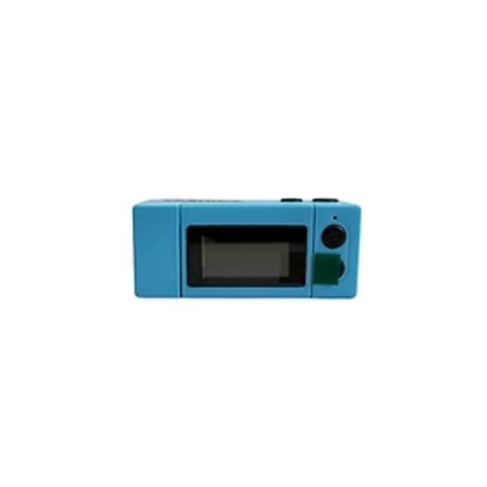 Ein blaues elektronisches Gerät mit einem Bildschirm und Tasten vor weißem Hintergrund.