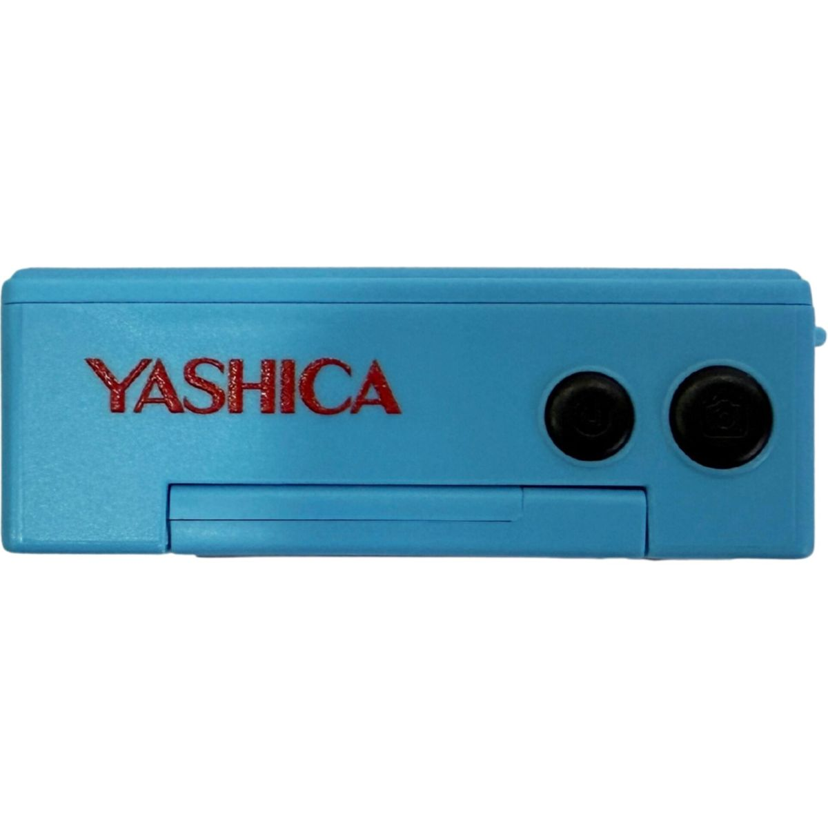 Blaue Yashica-Kamera mit roten Buchstaben und zwei schwarzen Tasten auf weißem Hintergrund.
