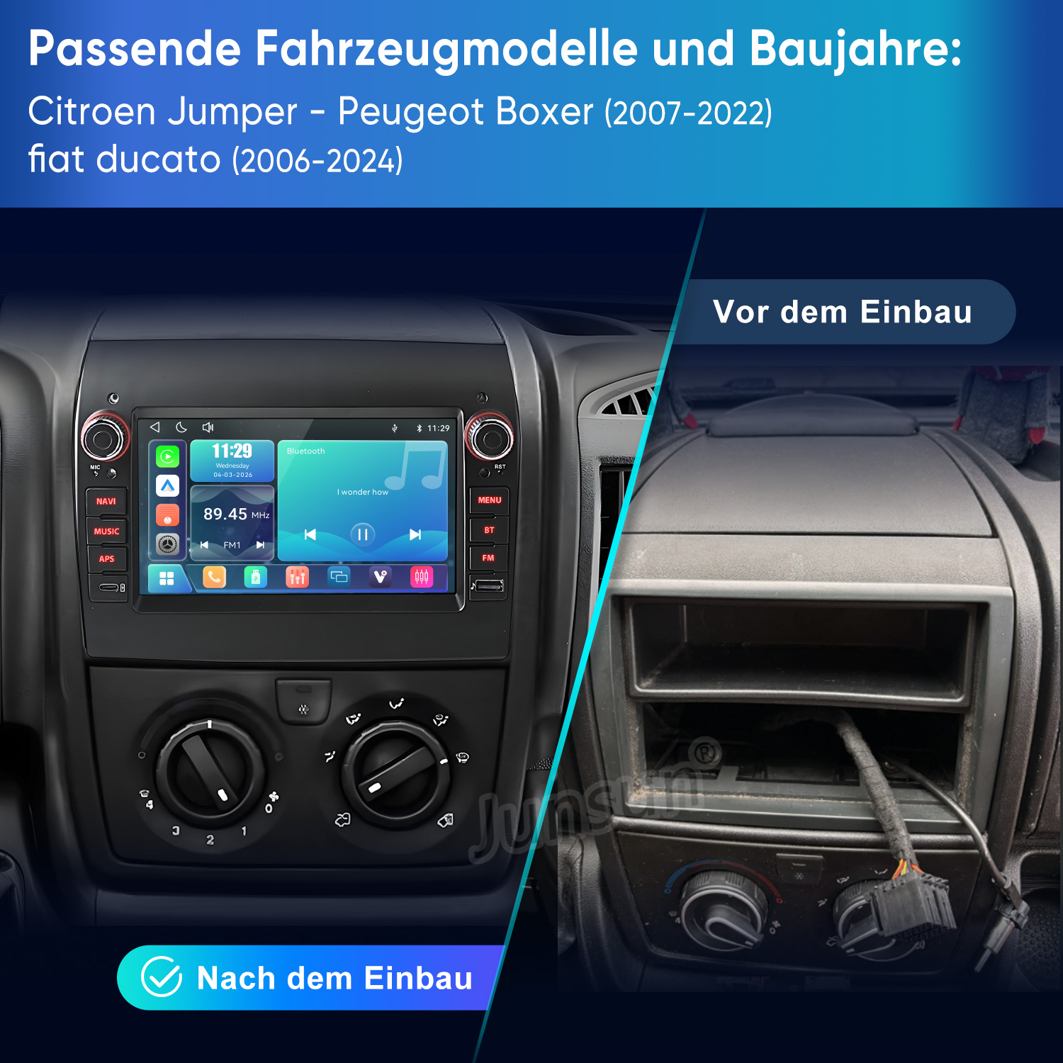 Vergleich der Fahrzeugkonsole vor und nach dem Einbau eines neuen Infotainmentsystems für verschiedene Automodelle.