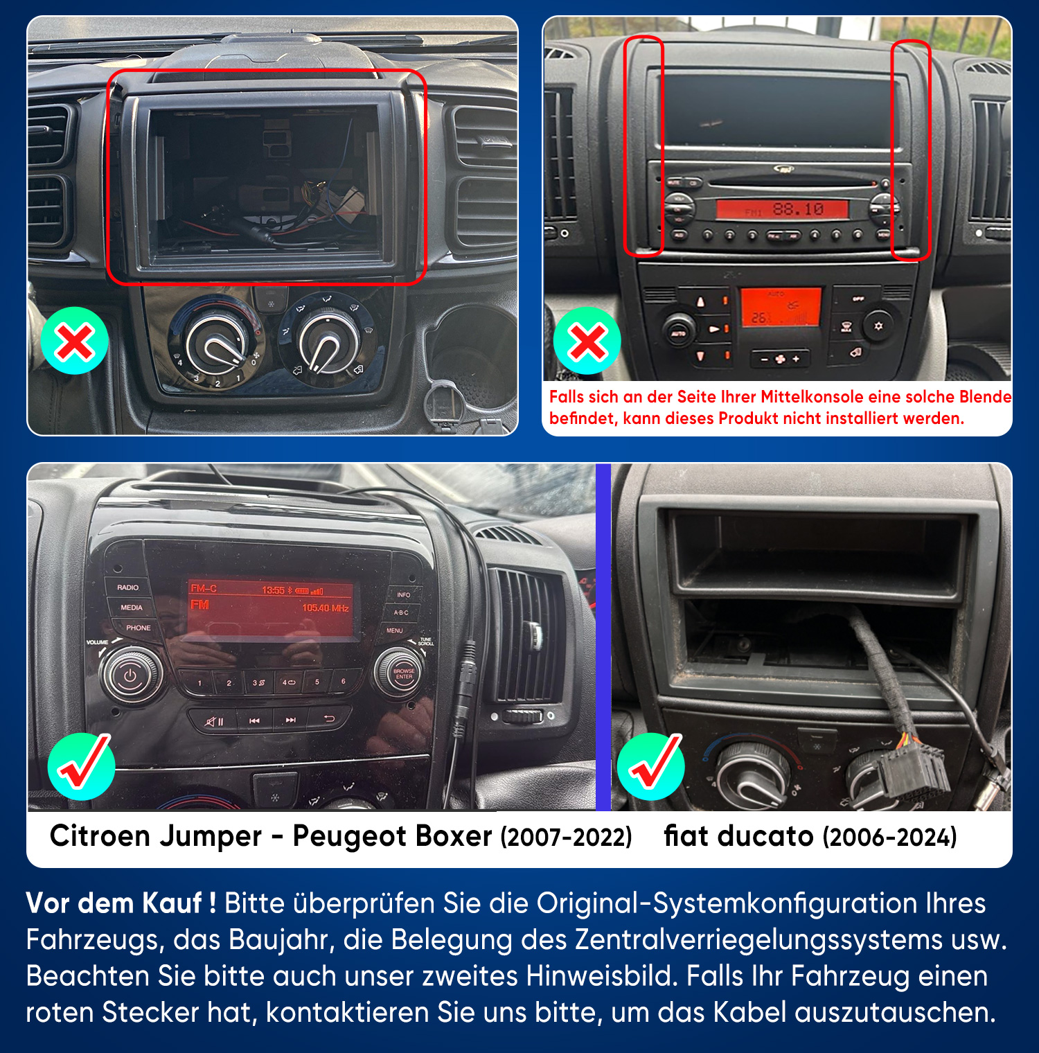 Vergleichsbilder von Fahrzeuginstrumenten zur Kompatibilitätsprüfung von Autoradios für verschiedene Modelle.
