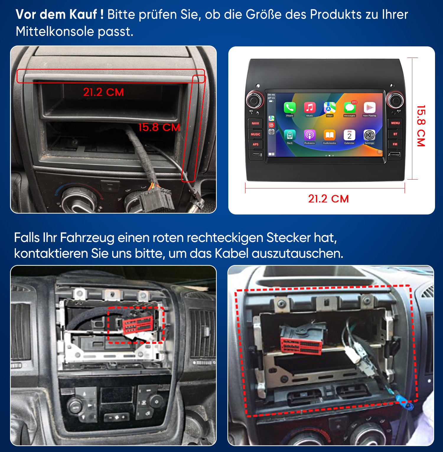 Vergleichsbilder zeigen Autokonsole und das passende Infotainmentsystem mit Maßangaben.